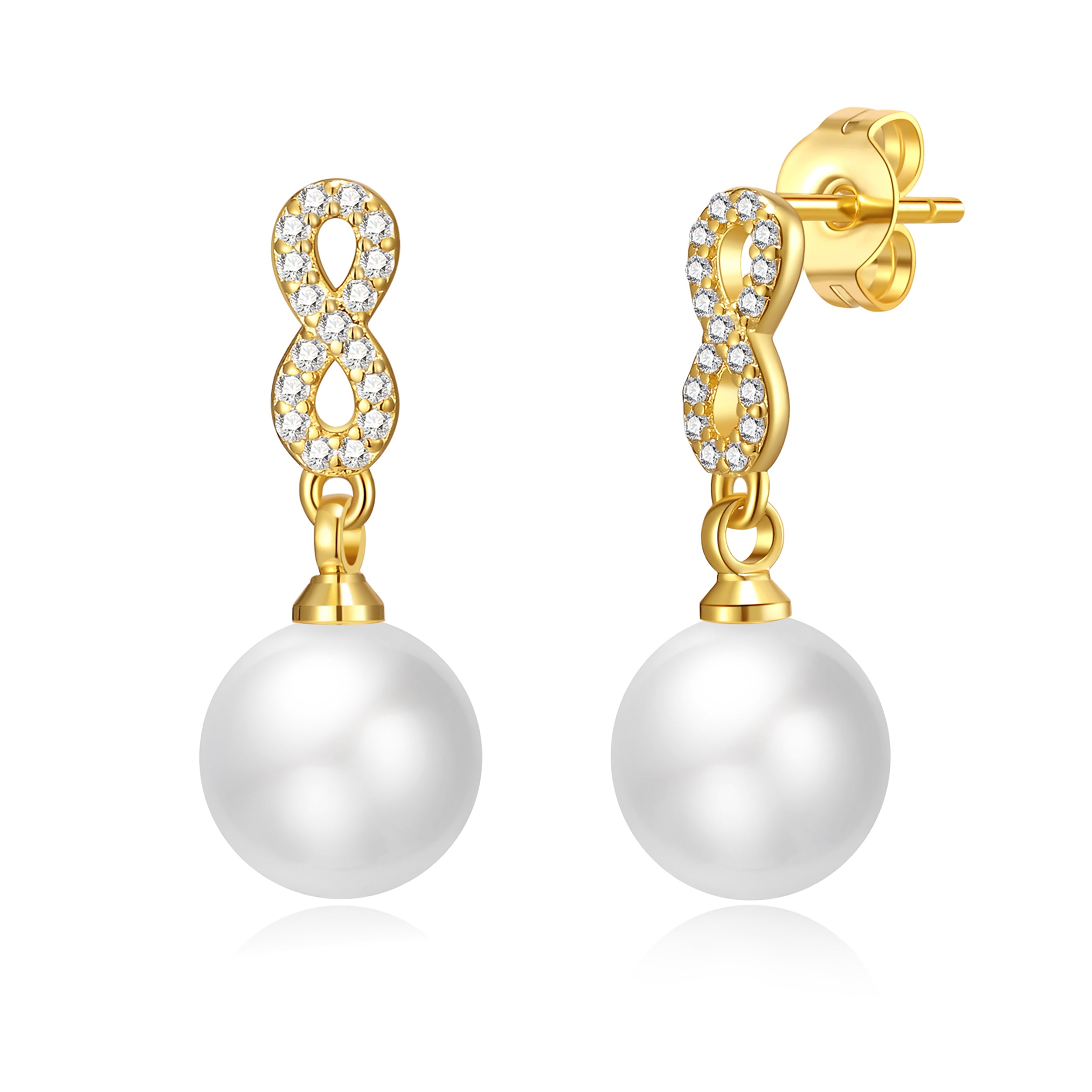 Gold Plated Infinity Pearl Drop Earrings Created with Zircondia® Crystals