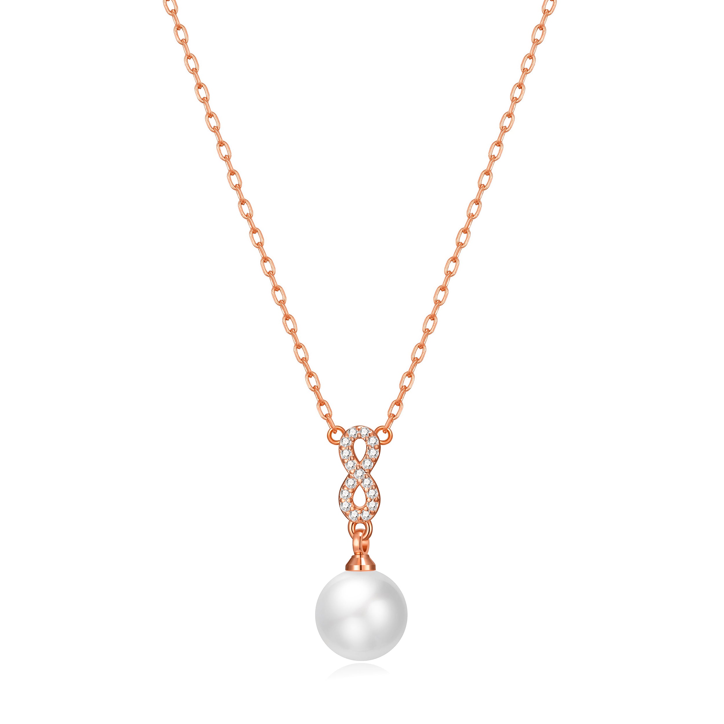 Rose Gold Plated Infinity Pearl Drop Necklace Created with Zircondia® Crystals