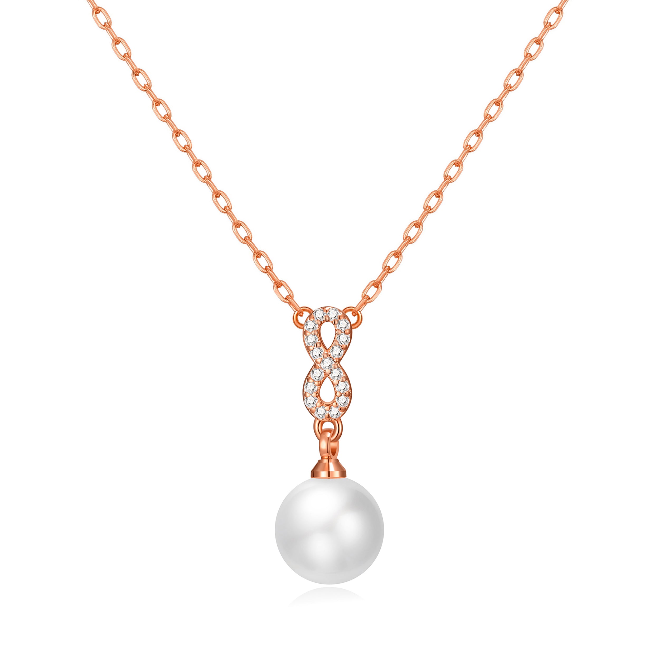 Rose Gold Plated Infinity Pearl Drop Necklace Created with Zircondia® Crystals