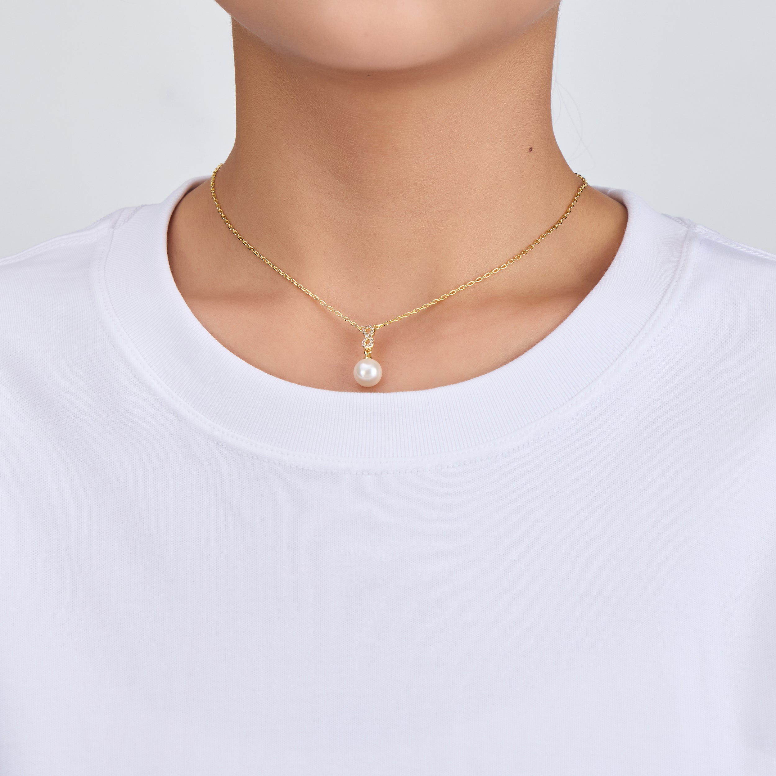 Gold Plated Infinity Pearl Drop Necklace Created with Zircondia® Crystals