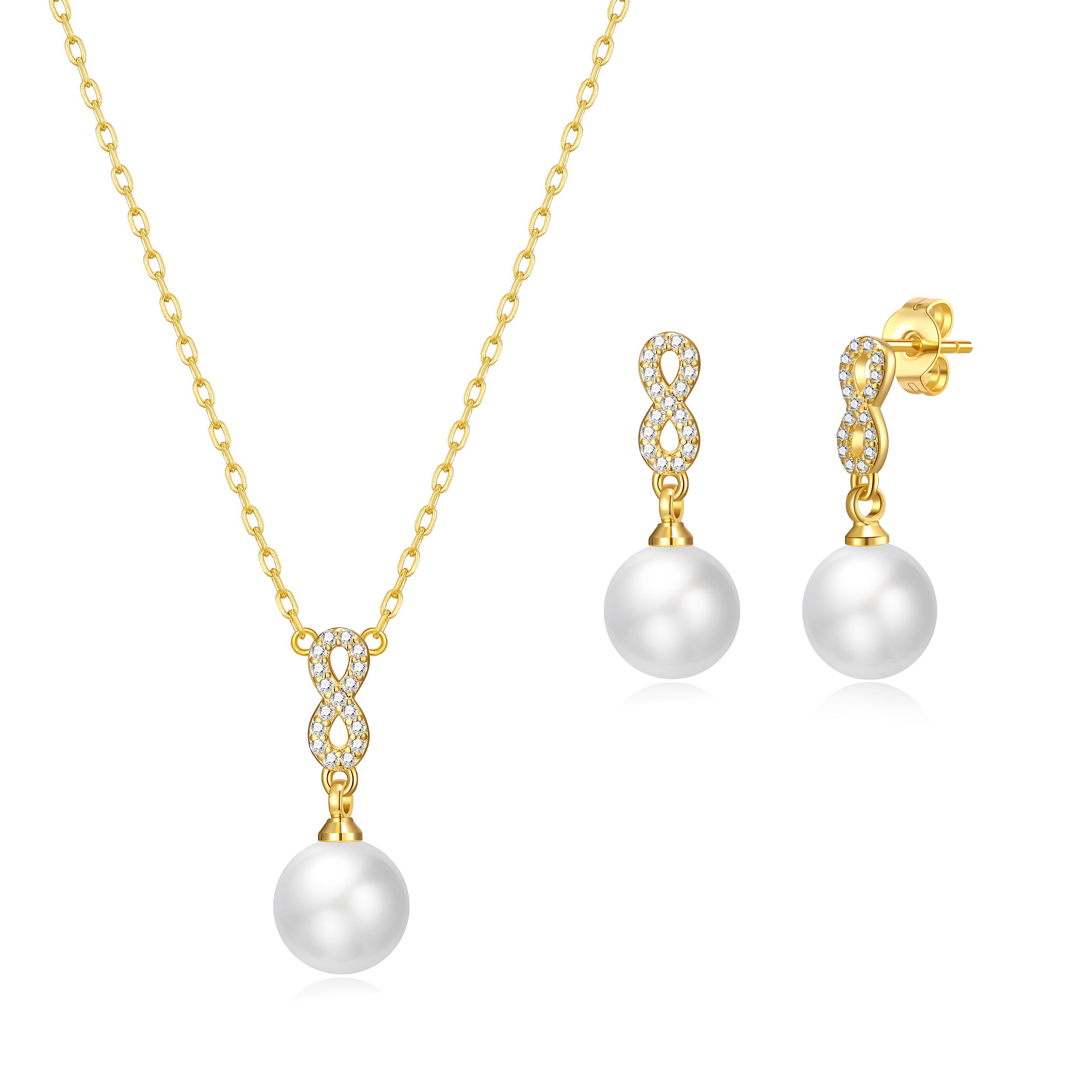 Gold Plated Infinity Pearl Drop Set Created with Zircondia® Crystals