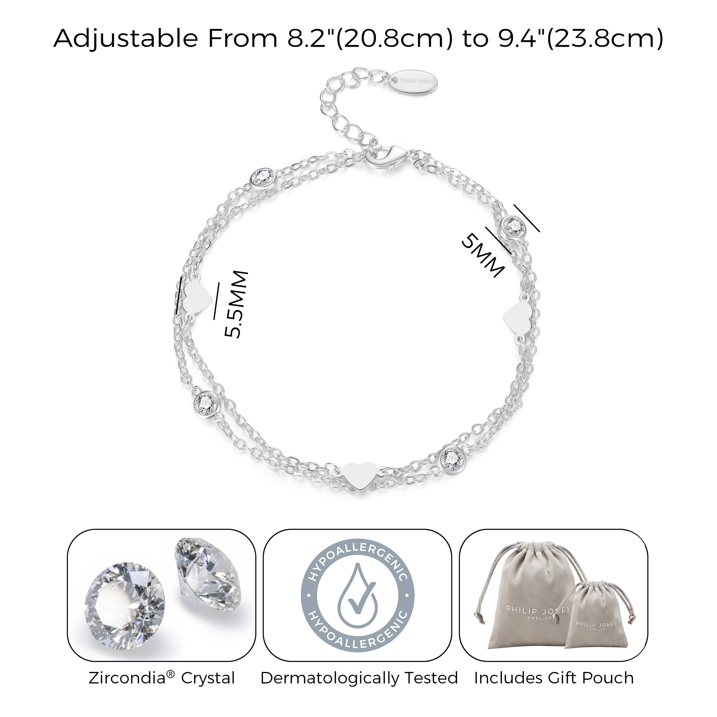 Silver Plated Layered Heart Anklet Created with Zircondia® Crystals