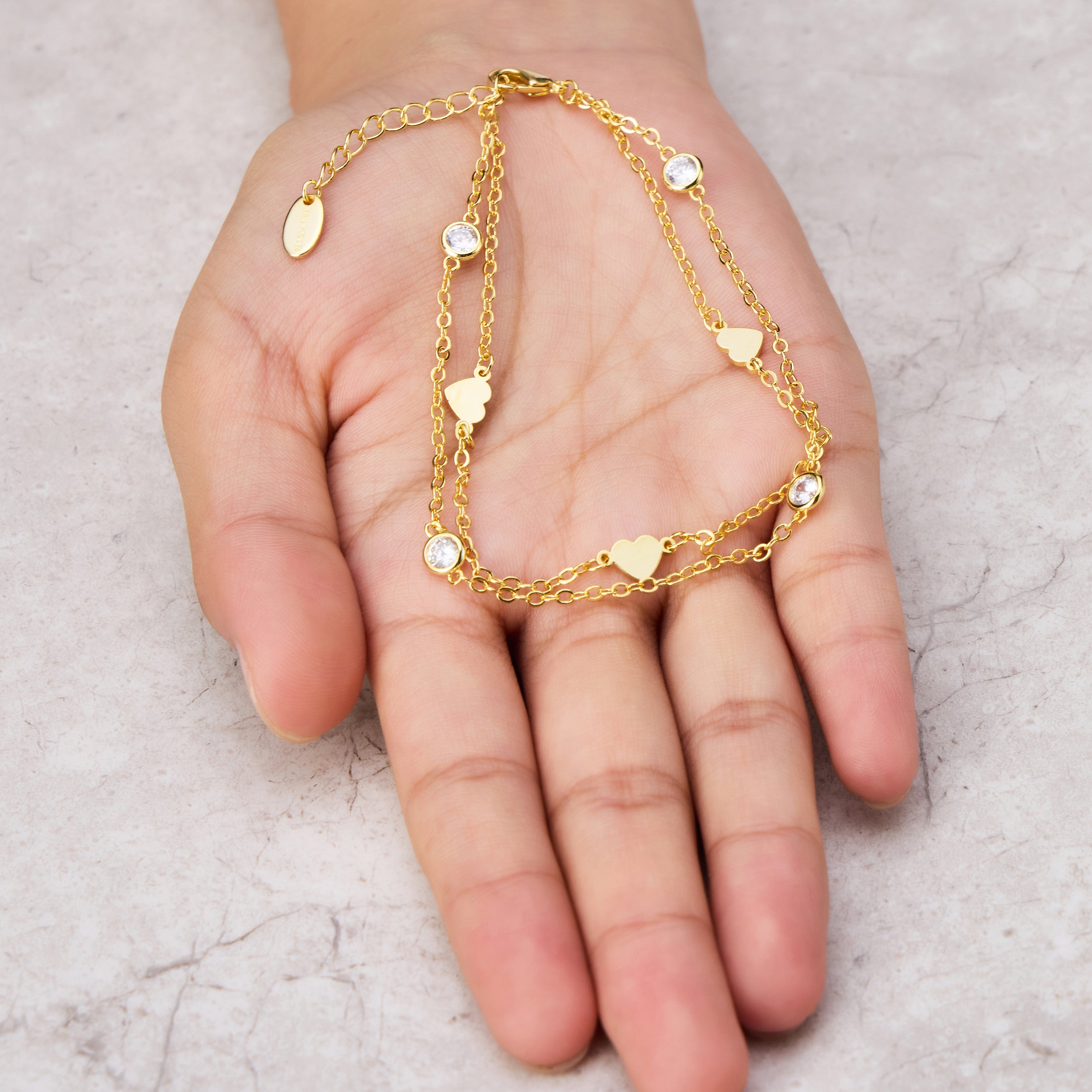 Gold Plated Layered Heart Anklet Created with Zircondia® Crystals