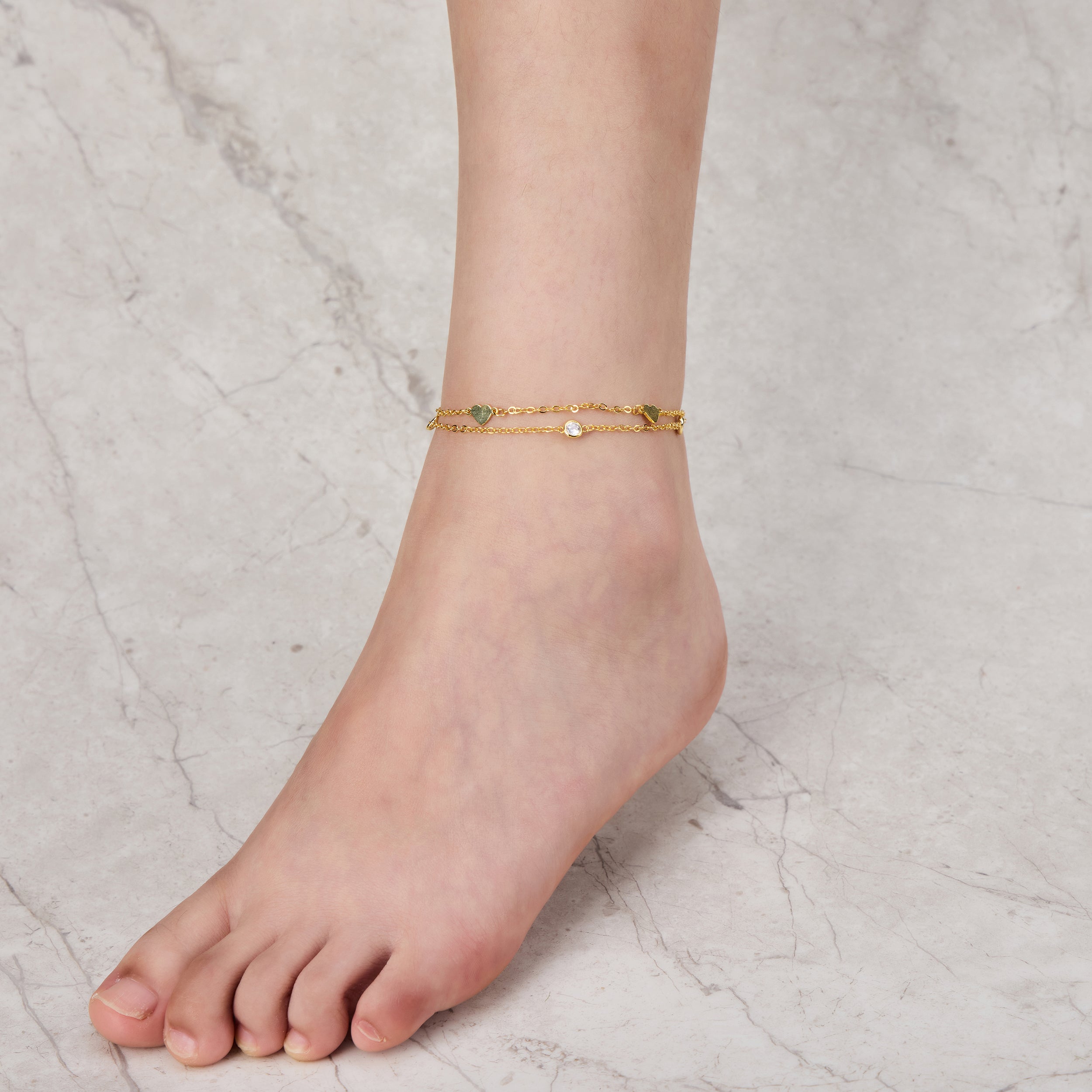 Gold Plated Layered Heart Anklet Created with Zircondia® Crystals