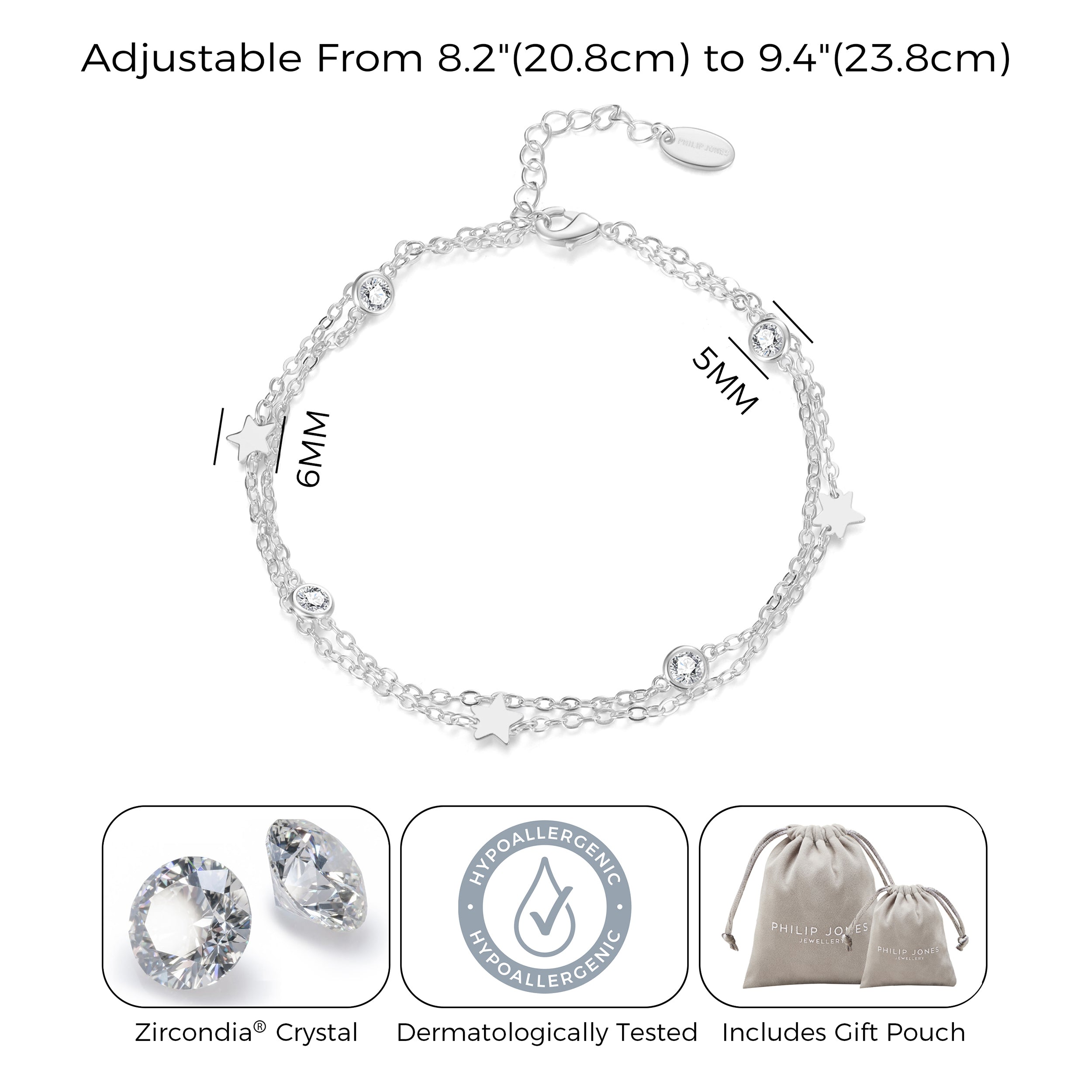 Silver Plated Layered Star Anklet Created with Zircondia® Crystals