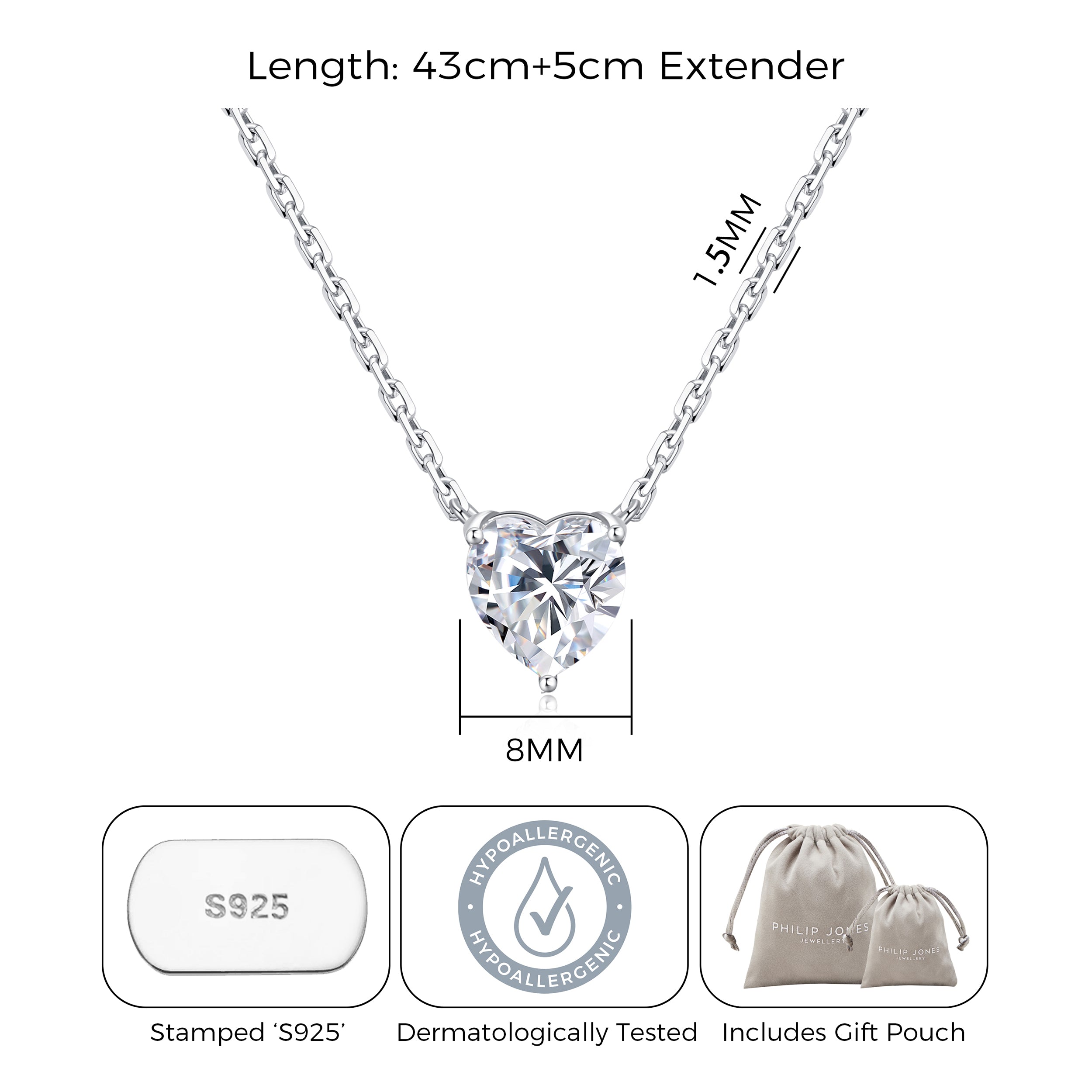 Sterling Silver Heart Solitaire Necklace Created with Zircondia® Crystals