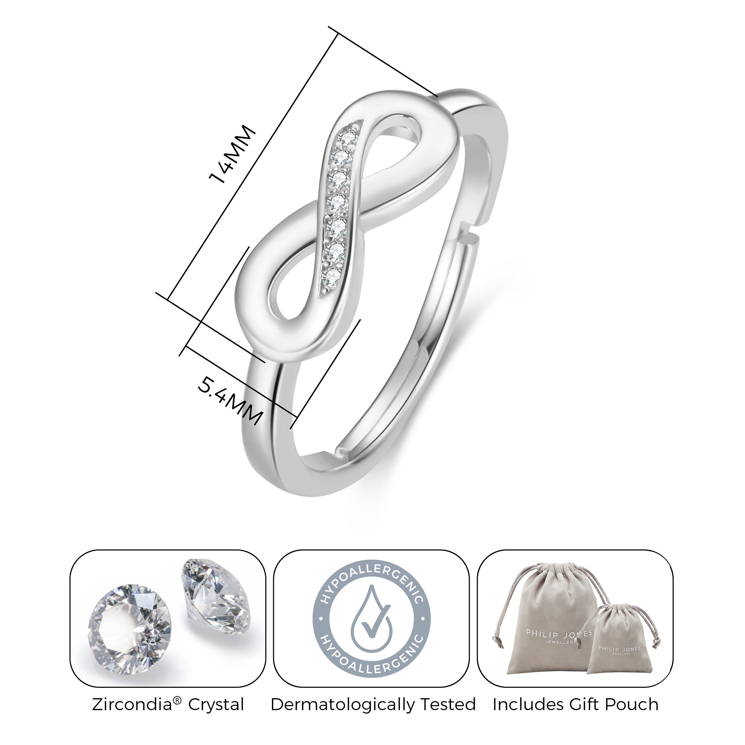 Silver Plated Infinity Ring Created with Zircondia® Crystals