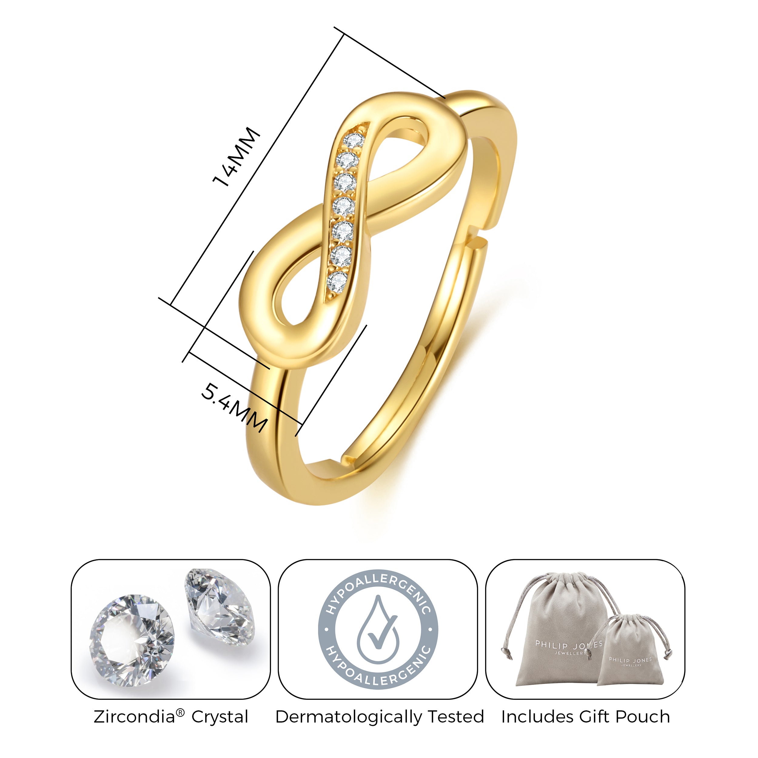 Gold Plated Infinity Ring Created with Zircondia® Crystals