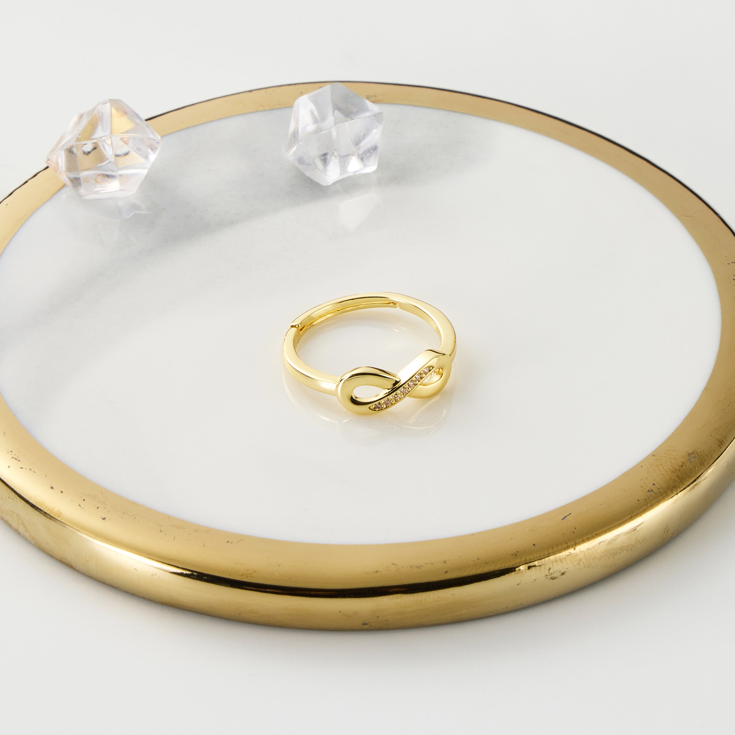 Gold Plated Infinity Ring Created with Zircondia® Crystals