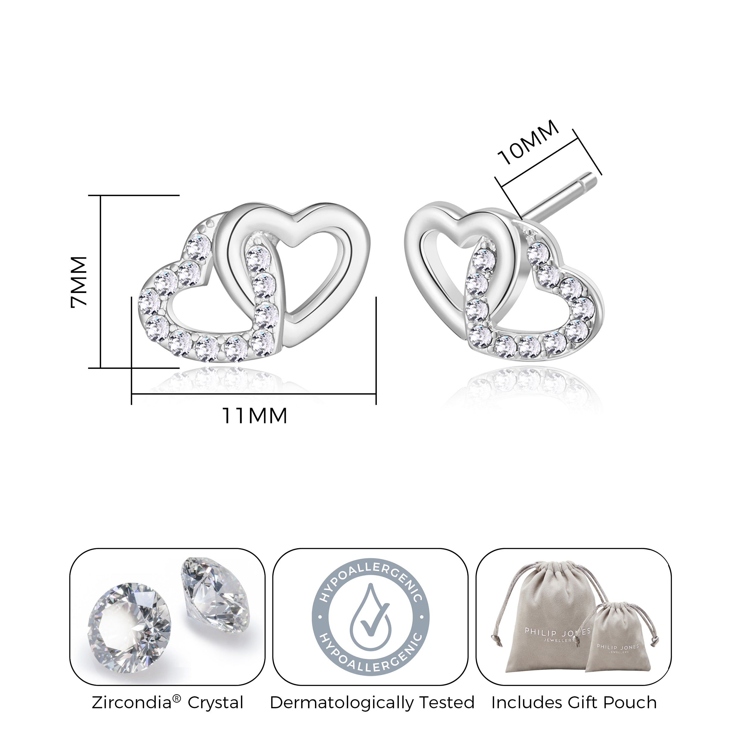 Silver Plated Heart Link Earrings Created with Zircondia® Crystals