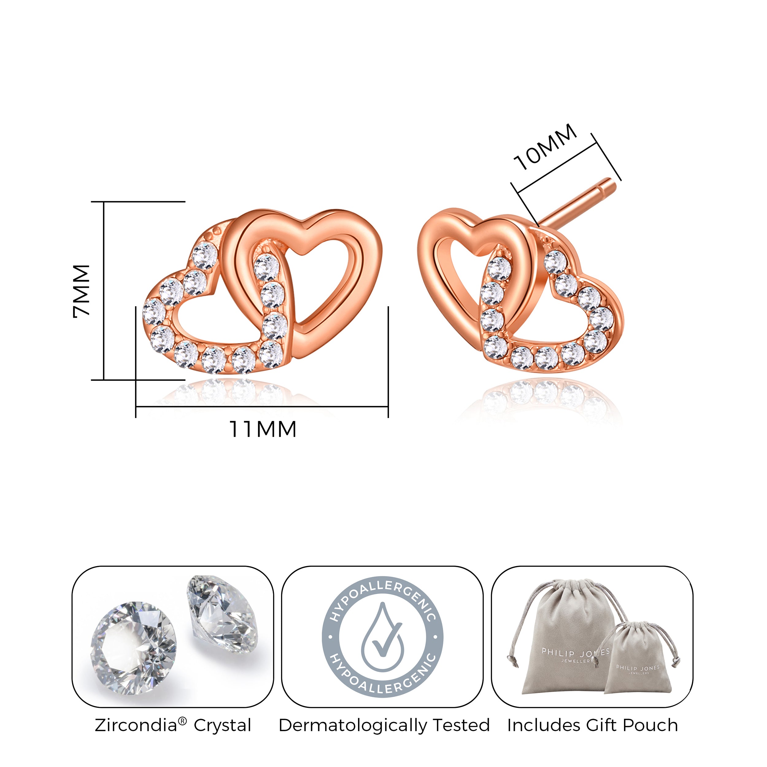 Rose Gold Plated Heart Link Earrings Created with Zircondia® Crystals