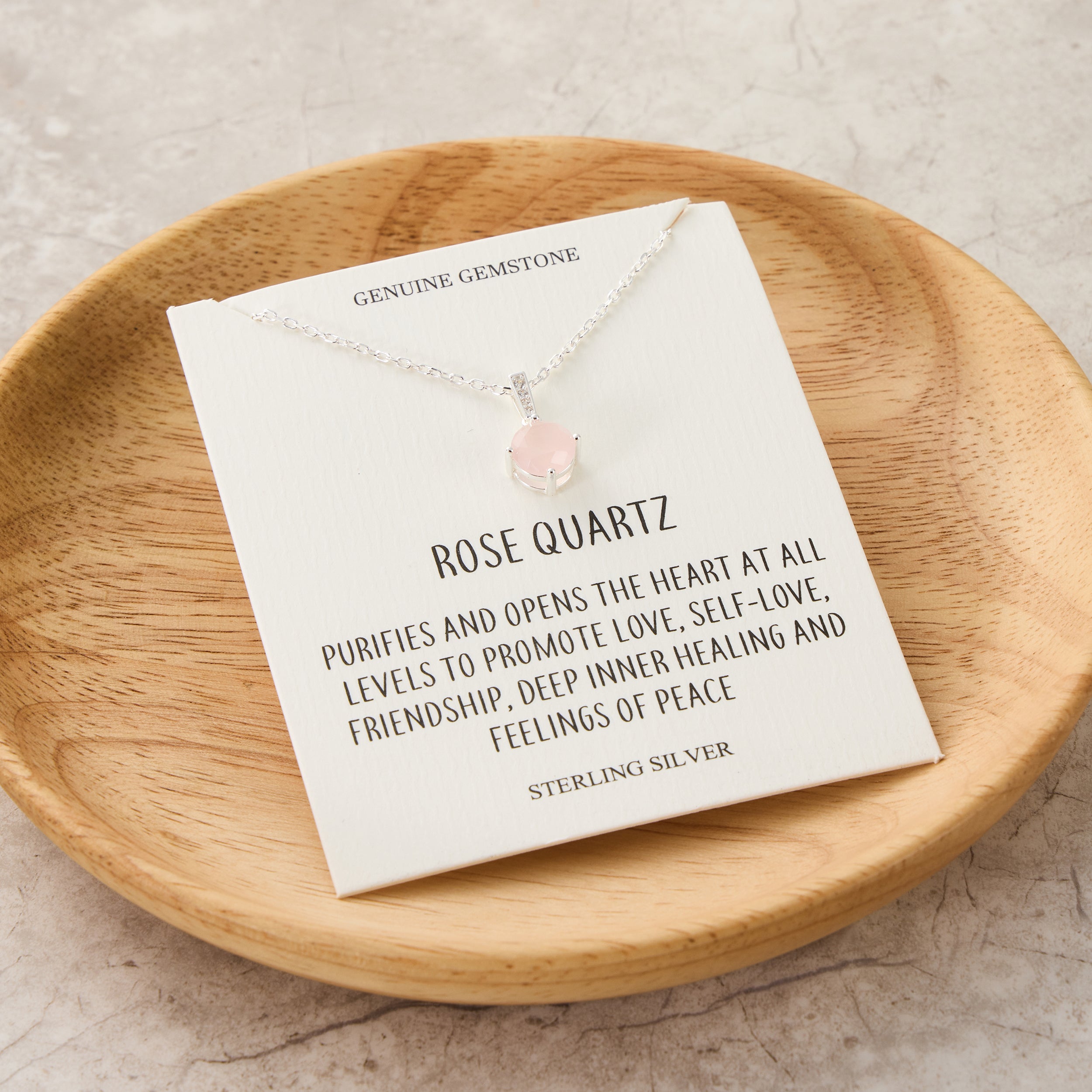 Sterling Silver Rose Quartz Gemstone Necklace with Quote Card