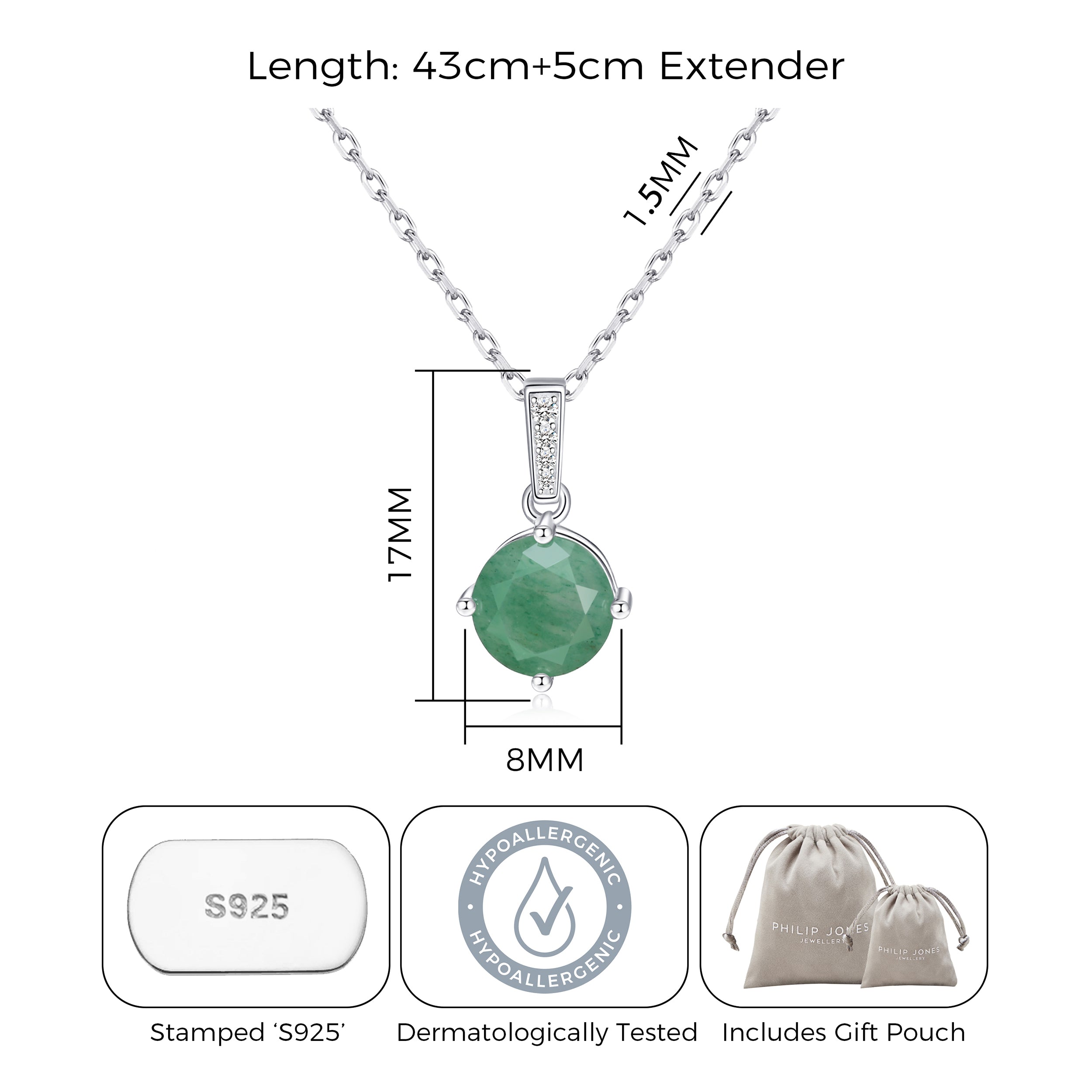 Sterling Silver Green Aventurine Gemstone Necklace with Quote Card