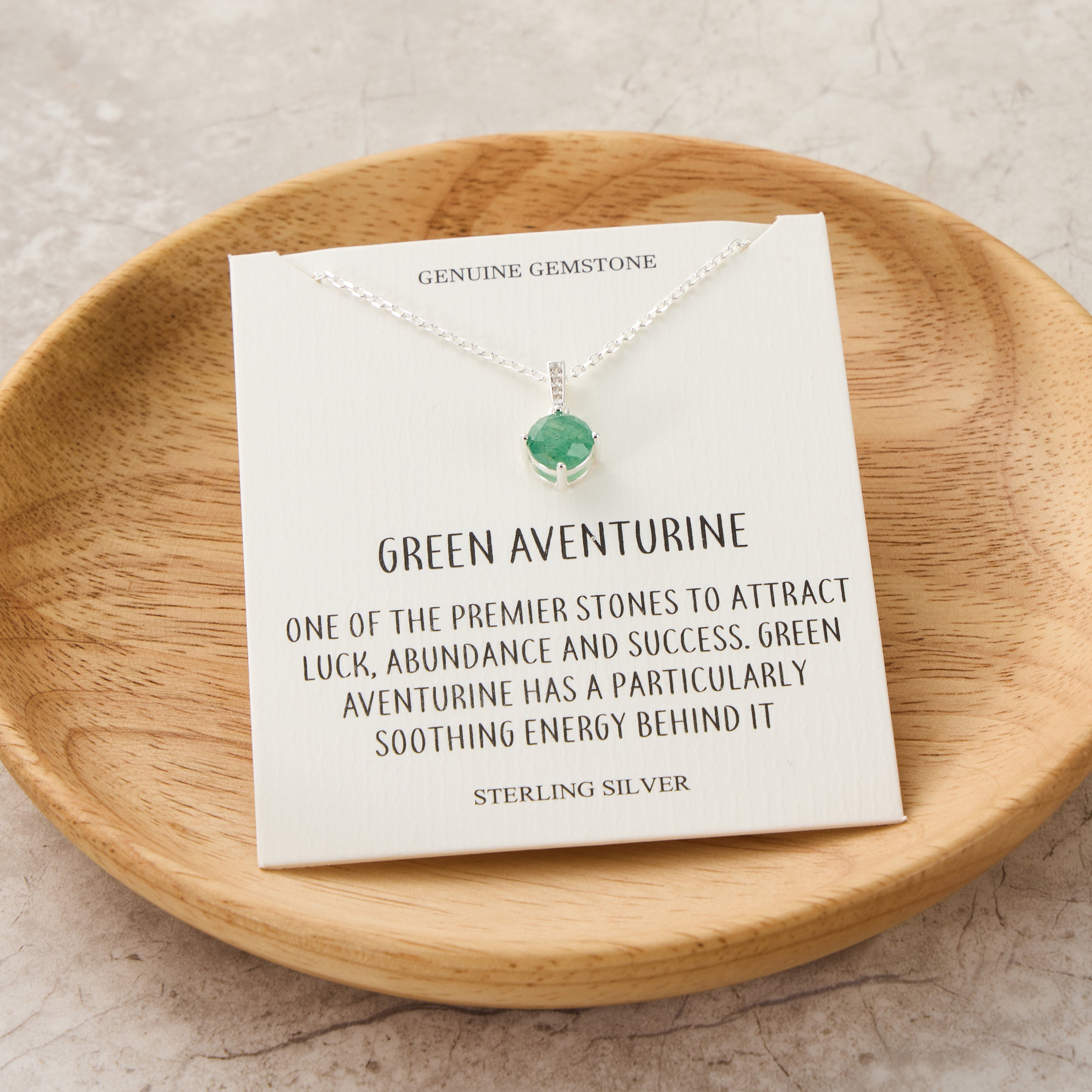 Sterling Silver Green Aventurine Gemstone Necklace with Quote Card