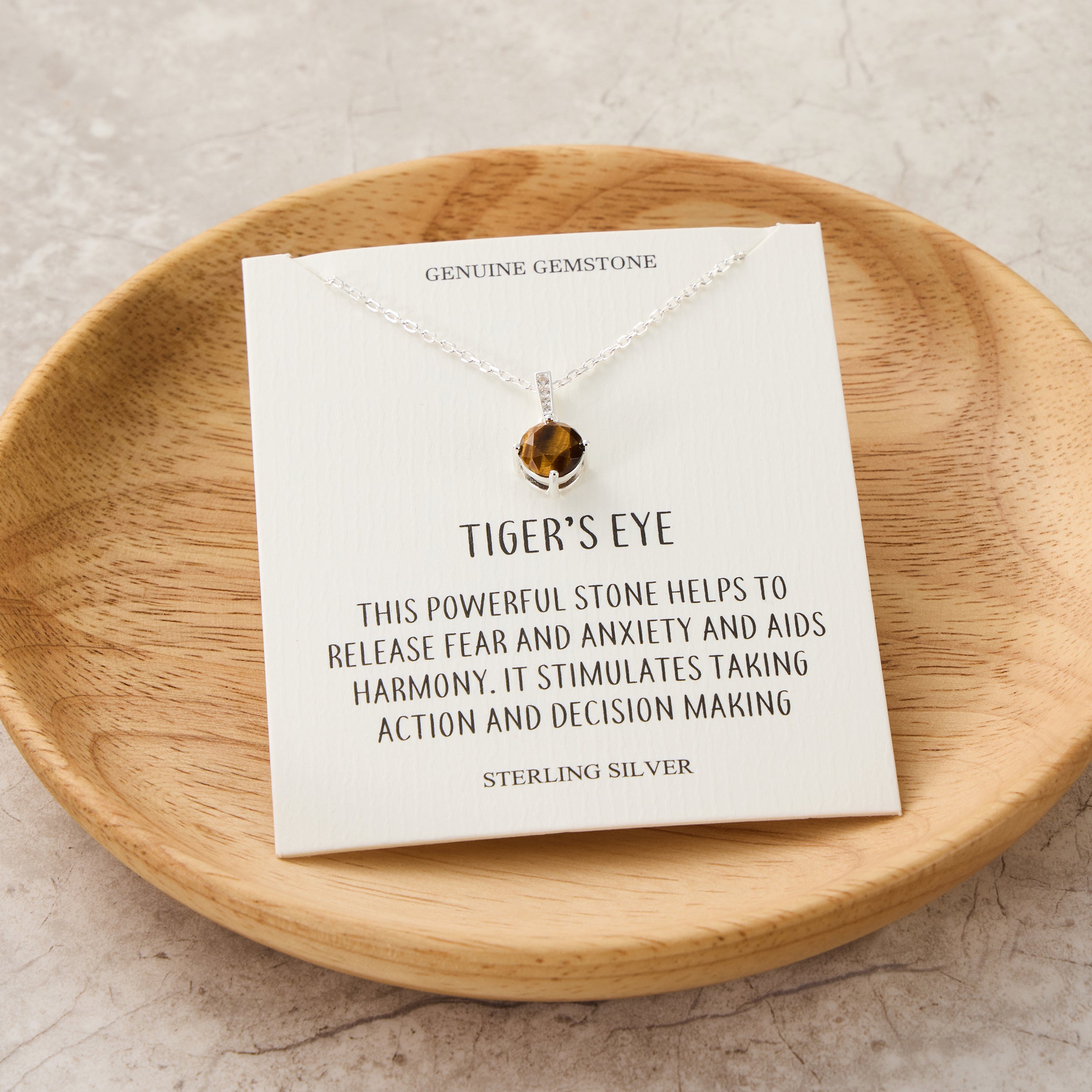 Sterling Silver Tigers Eye Gemstone Necklace with Quote Card