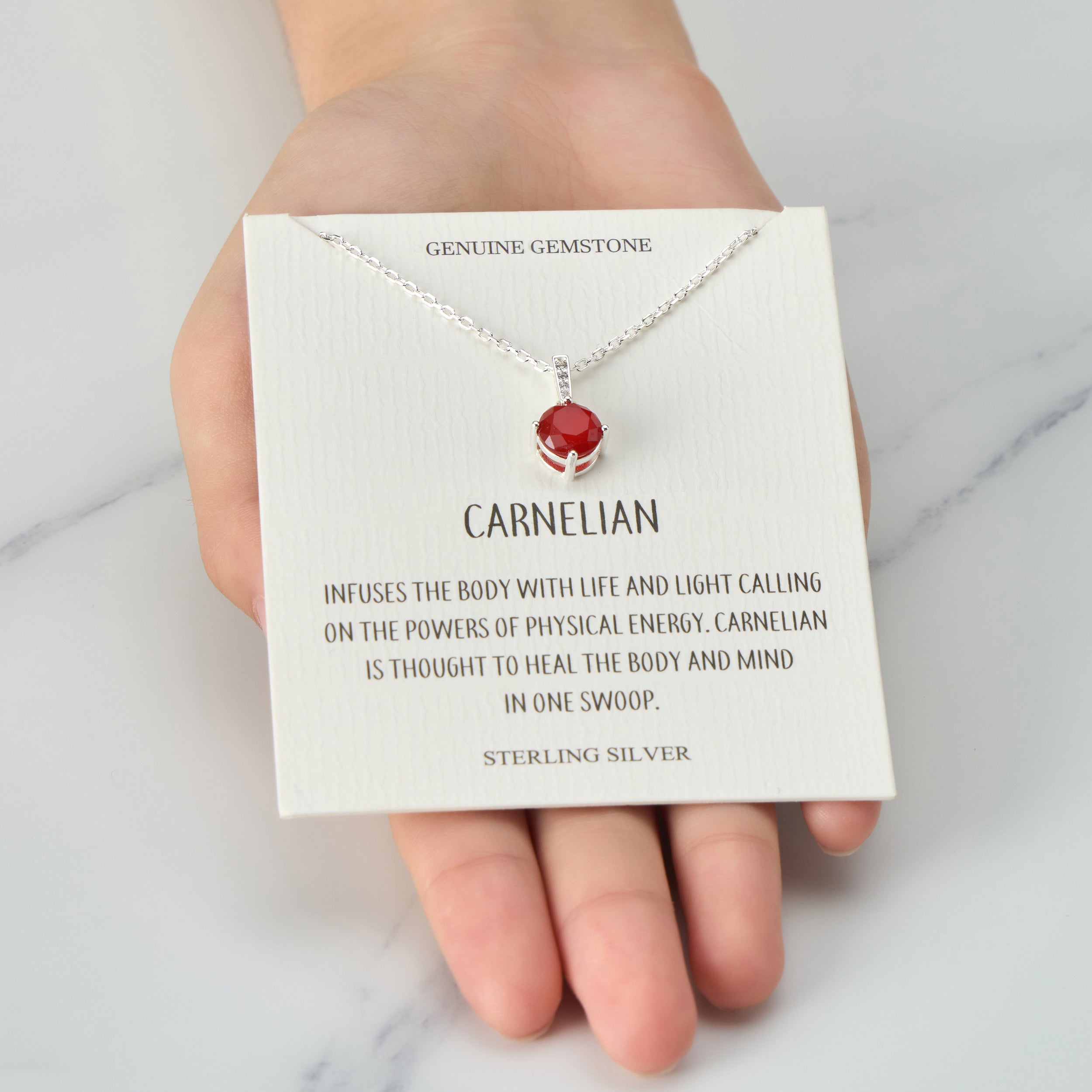 Sterling Silver Carnelian Gemstone Necklace with Quote Card