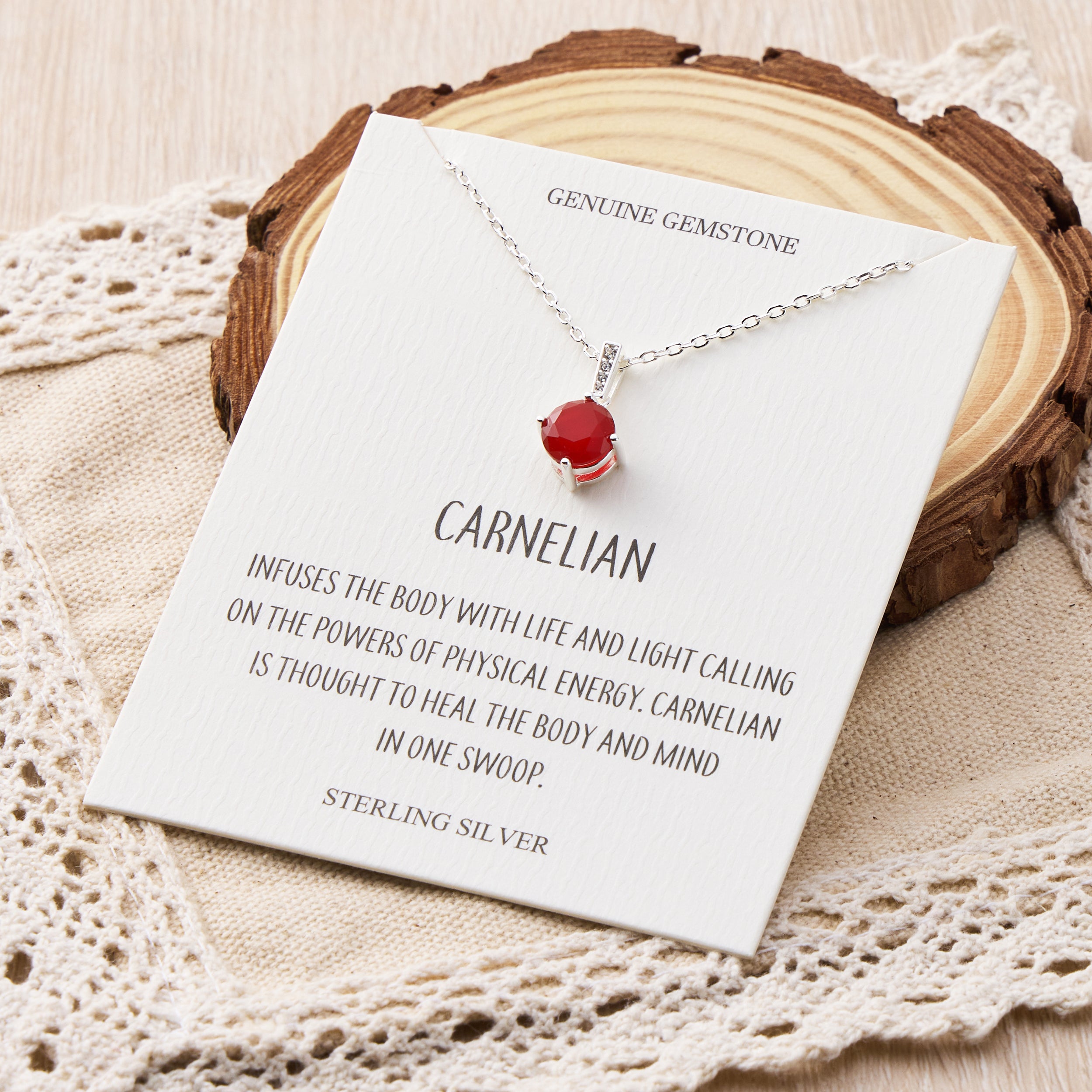 Sterling Silver Carnelian Gemstone Necklace with Quote Card