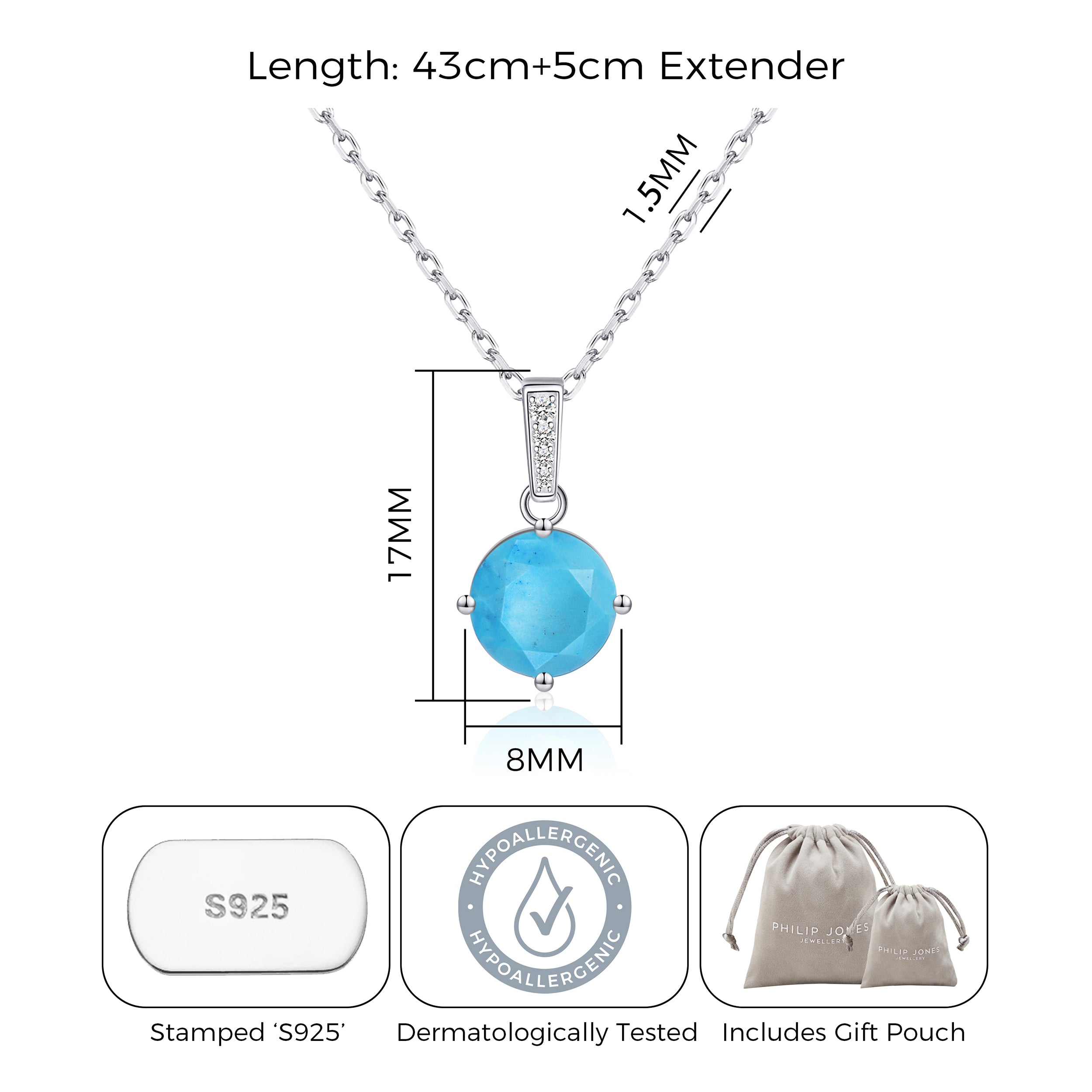 Sterling Silver Synthetic Turquoise Gemstone Necklace with Quote Card