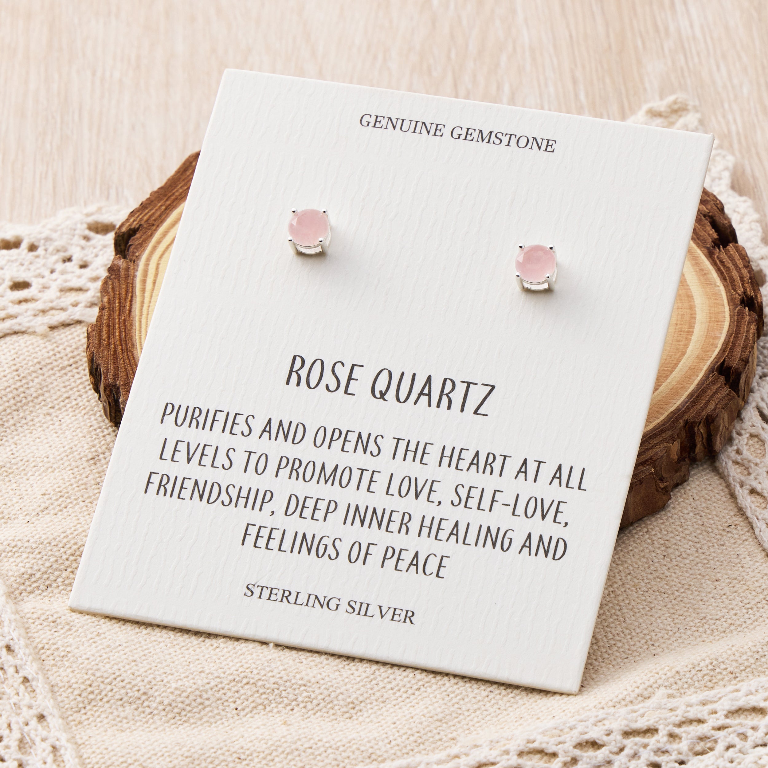 Sterling Silver Rose Quartz Gemstone Earrings with Quote Card