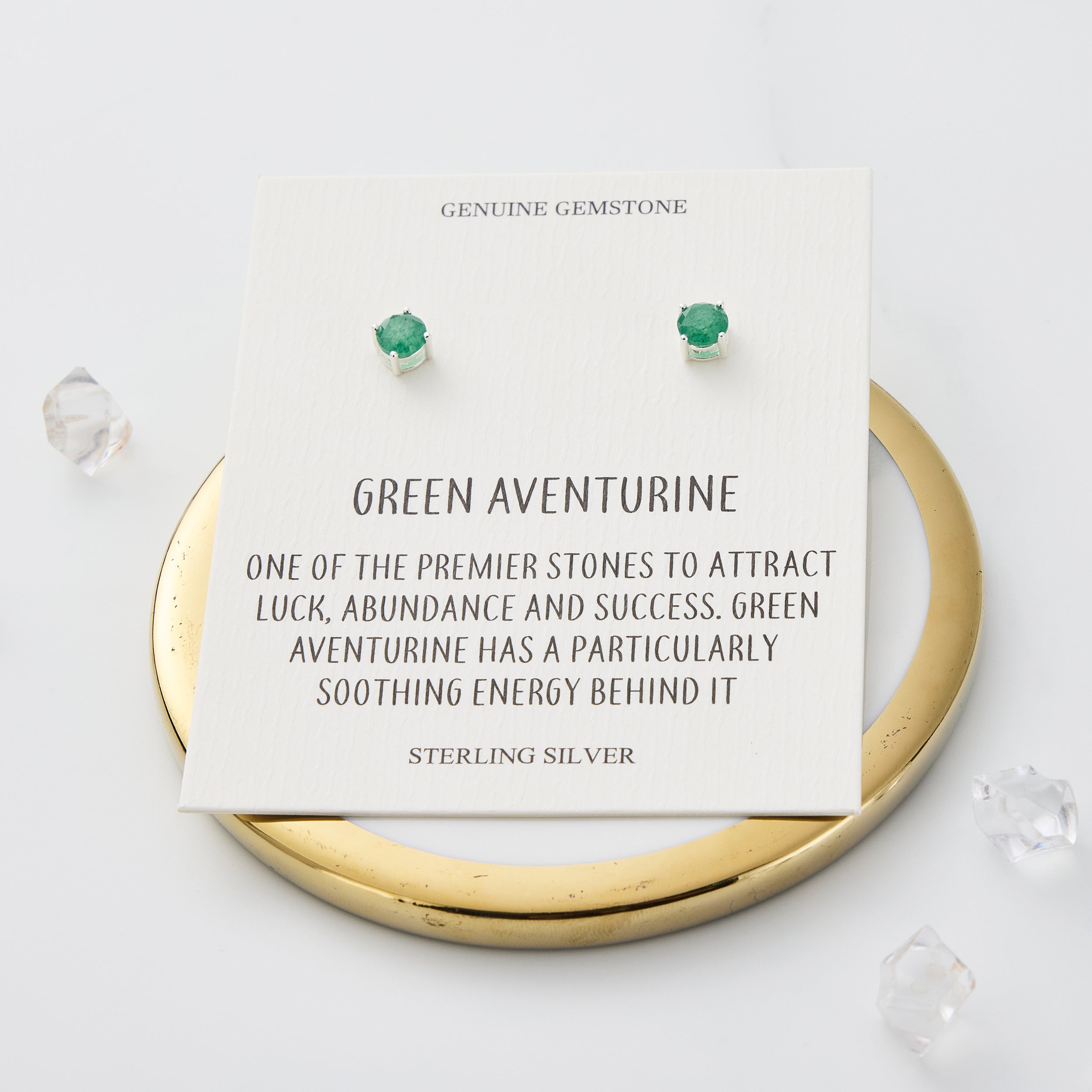 Sterling Silver Green Aventurine Gemstone Earrings with Quote Card