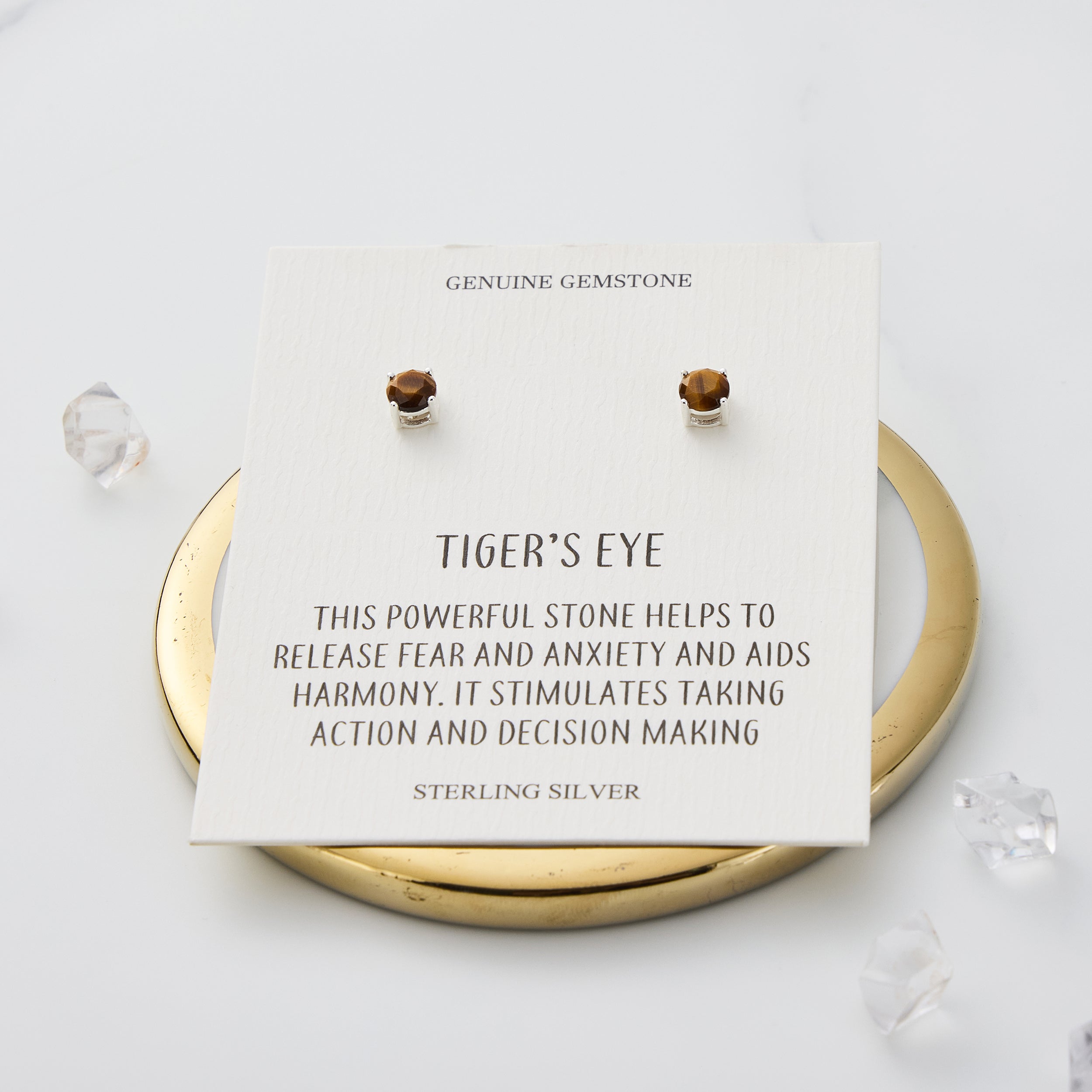 Sterling Silver Tigers Eye Gemstone Earrings with Quote Card