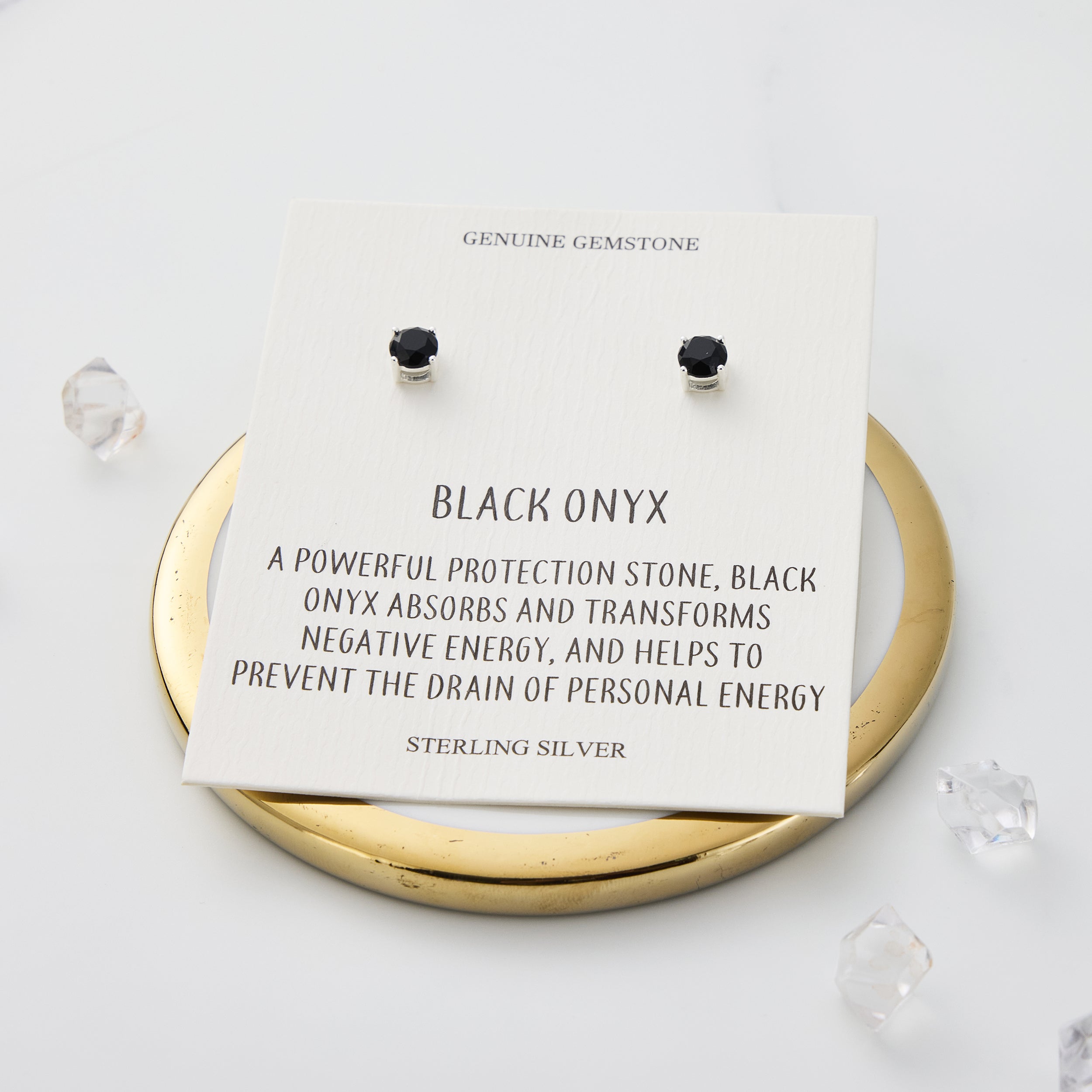 Sterling Silver Black Onyx Gemstone Earrings with Quote Card