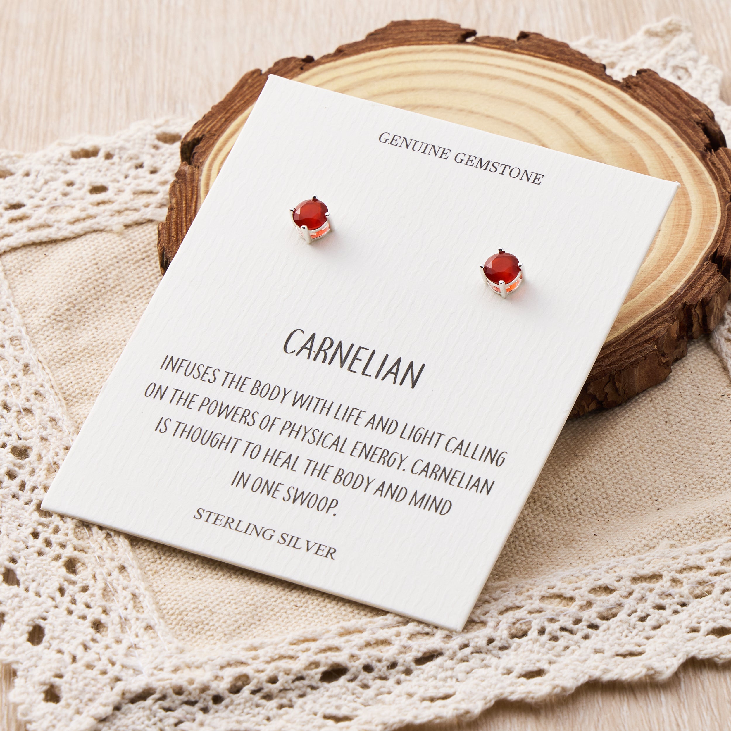 Sterling Silver Carnelian Gemstone Earrings with Quote Card