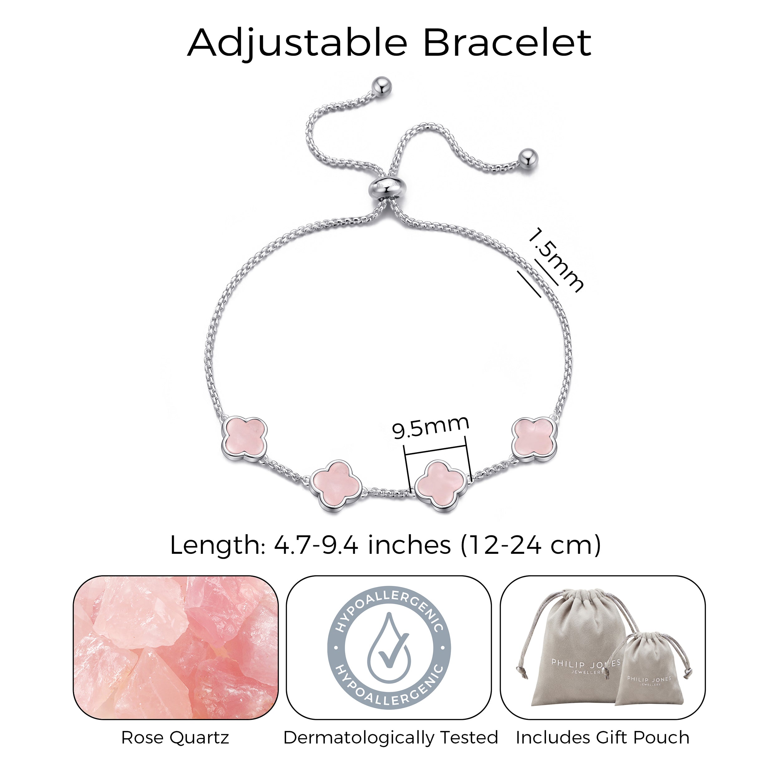 Rose Quartz Multi Clover Friendship Bracelet