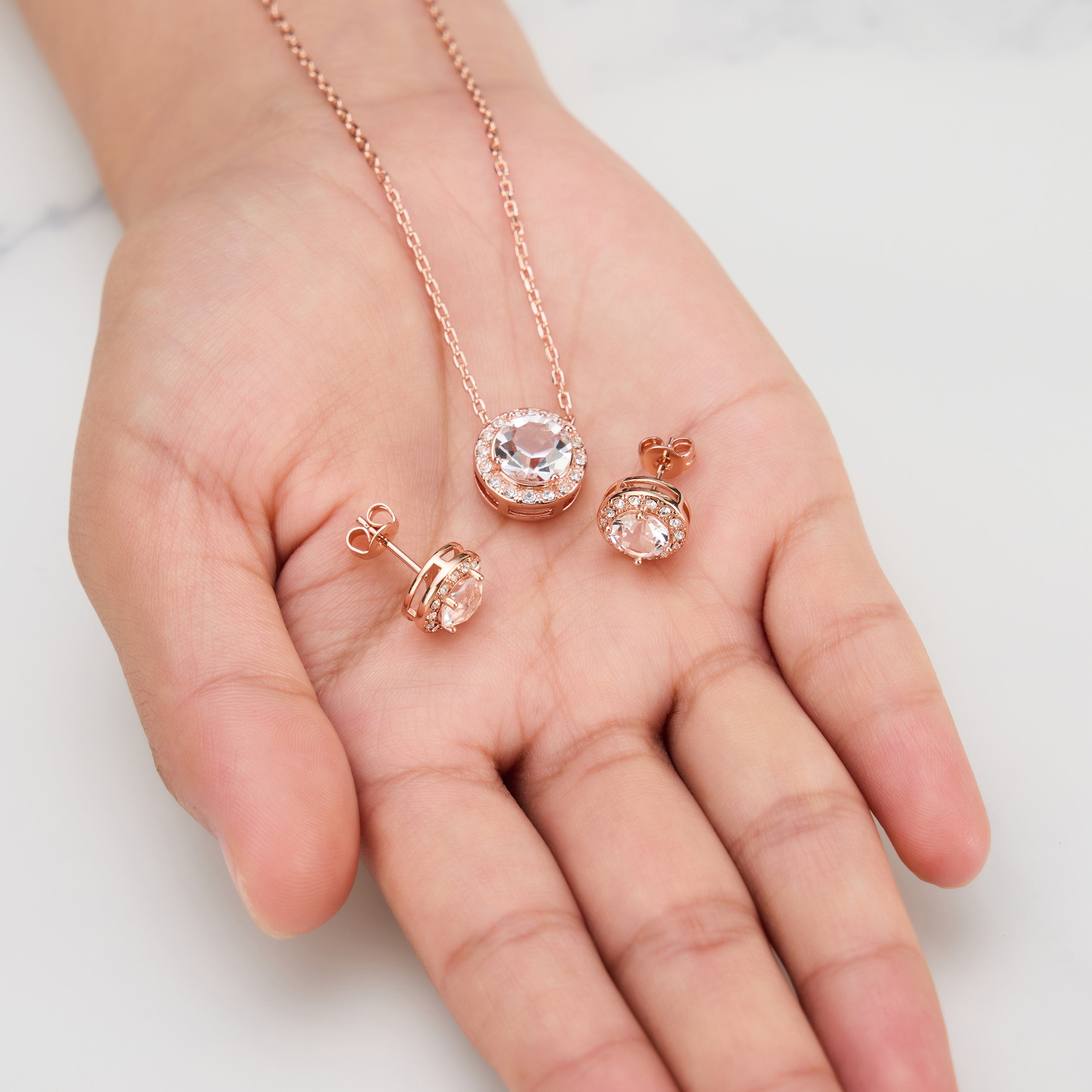 Rose Gold Plated Halo Set Created with Zircondia® Crystals