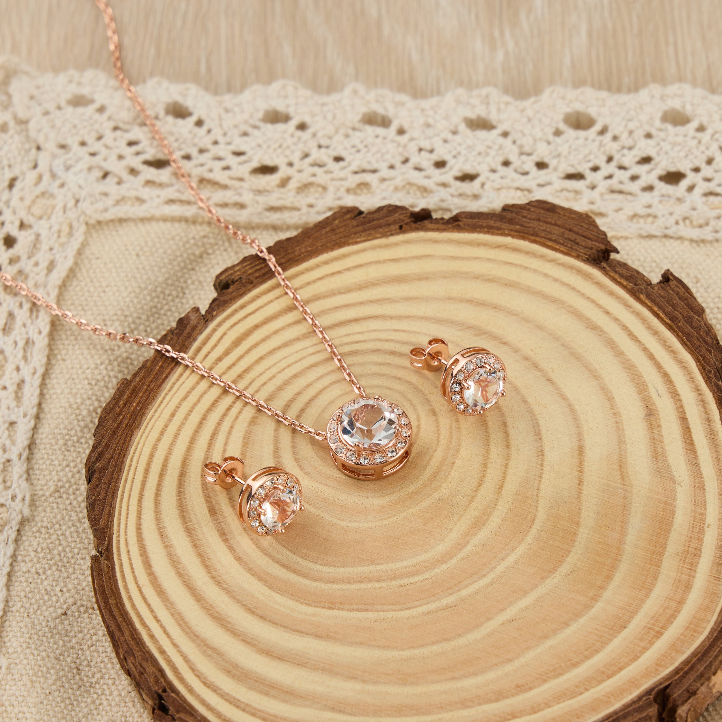 Rose Gold Plated Halo Set Created with Zircondia® Crystals