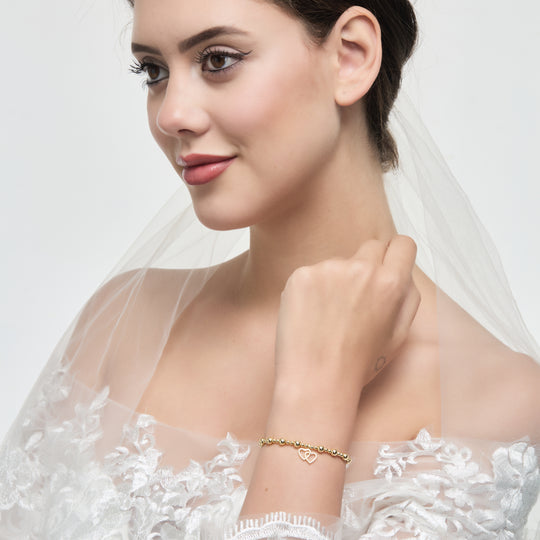 Gold Plated Heart Link Beaded Stretch Bridal Bracelet