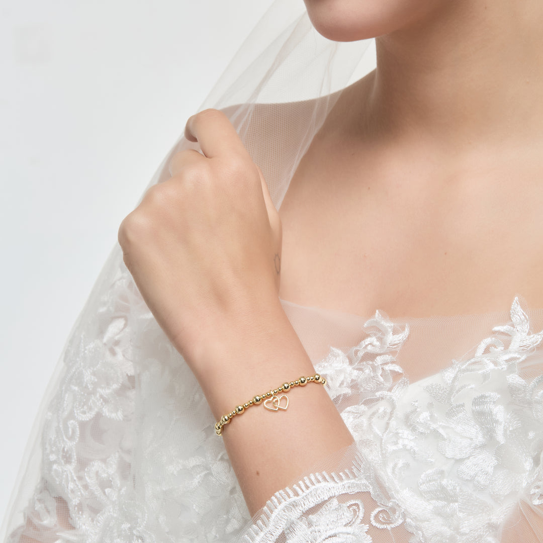 Gold Plated Heart Link Beaded Stretch Bridal Bracelet