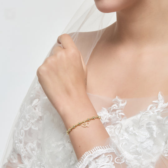 Gold Plated Heart Link Beaded Stretch Bridal Bracelet