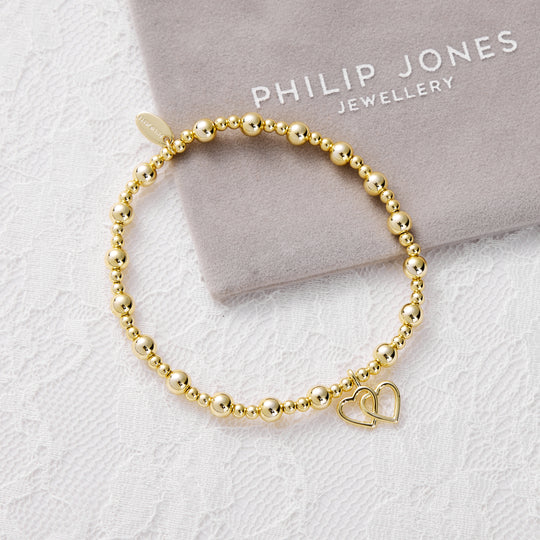 Gold Plated Heart Link Beaded Stretch Bridal Bracelet