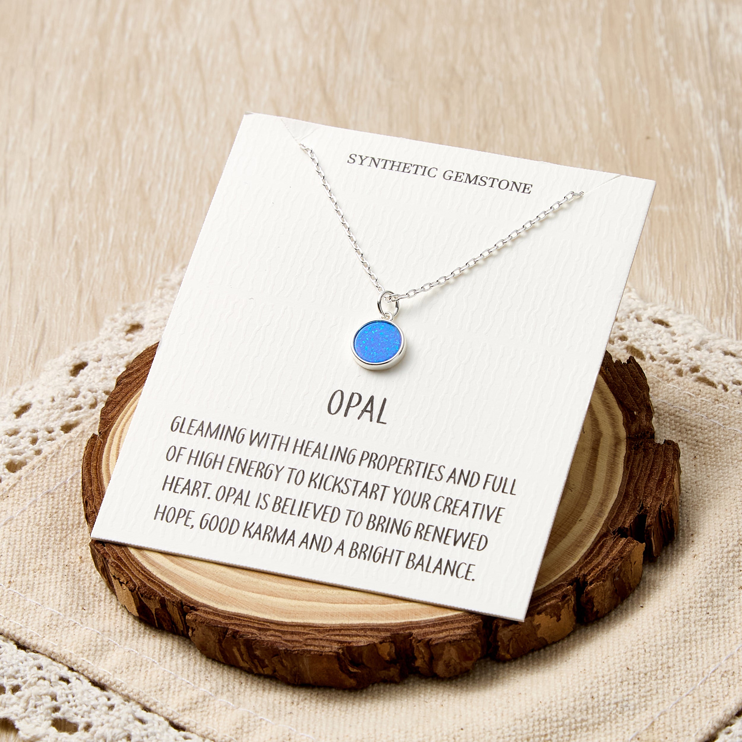 Silver Plated Synthetic Blue Opal Necklace with Quote Card