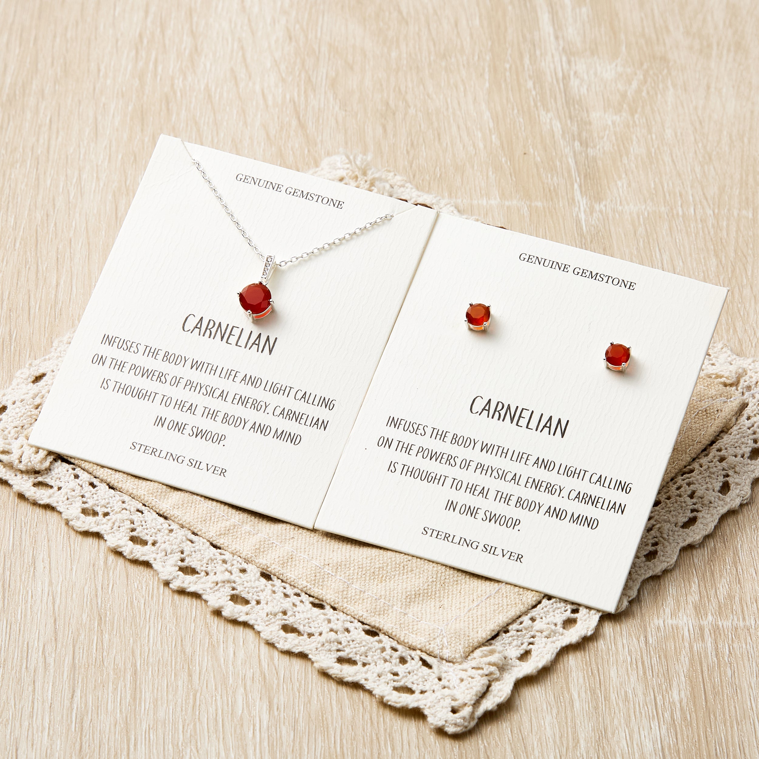 Sterling Silver Carnelian Gemstone Set with Quote Card