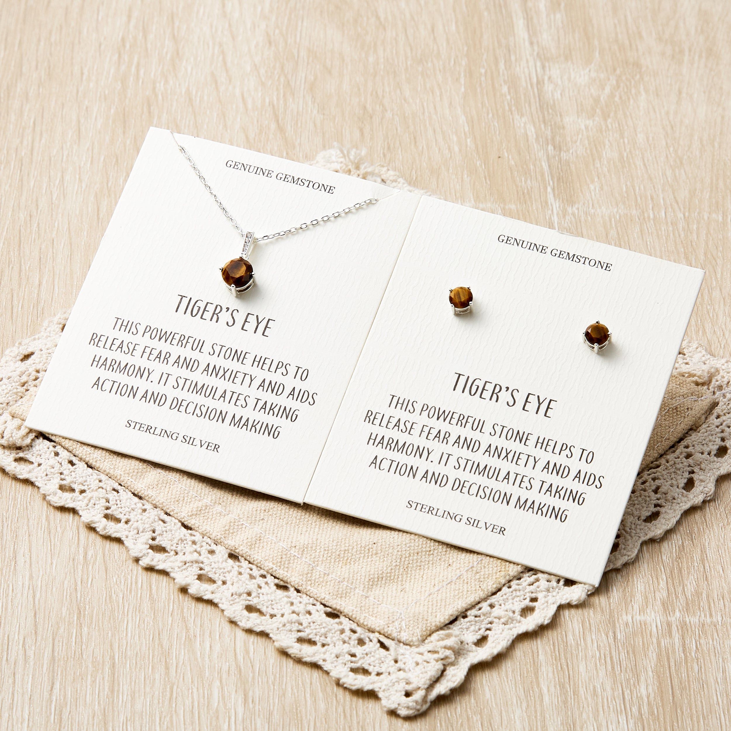 Sterling Silver Tigers Eye Gemstone Set with Quote Card