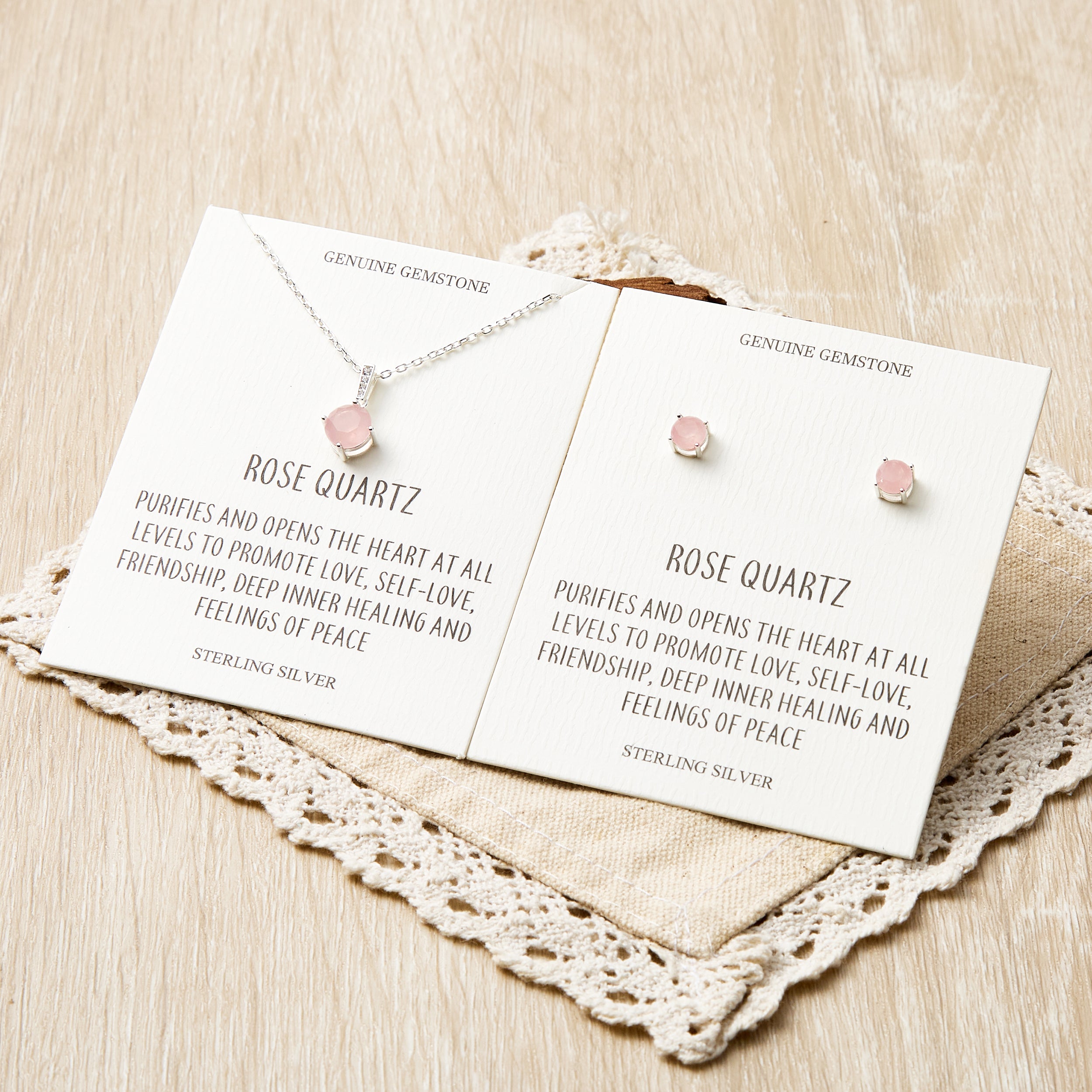 Sterling Silver Rose Quartz Gemstone Set with Quote Card