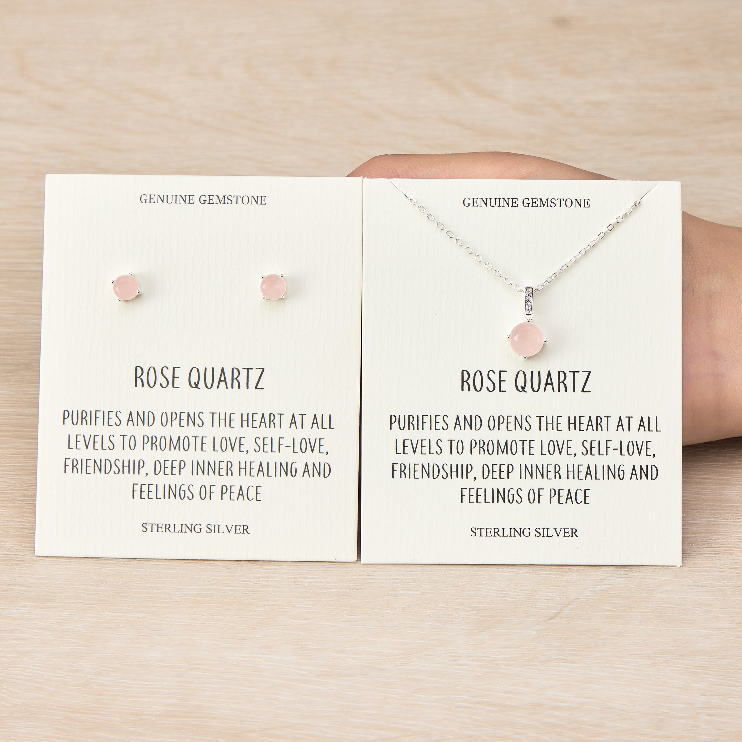 Sterling Silver Rose Quartz Gemstone Set with Quote Card