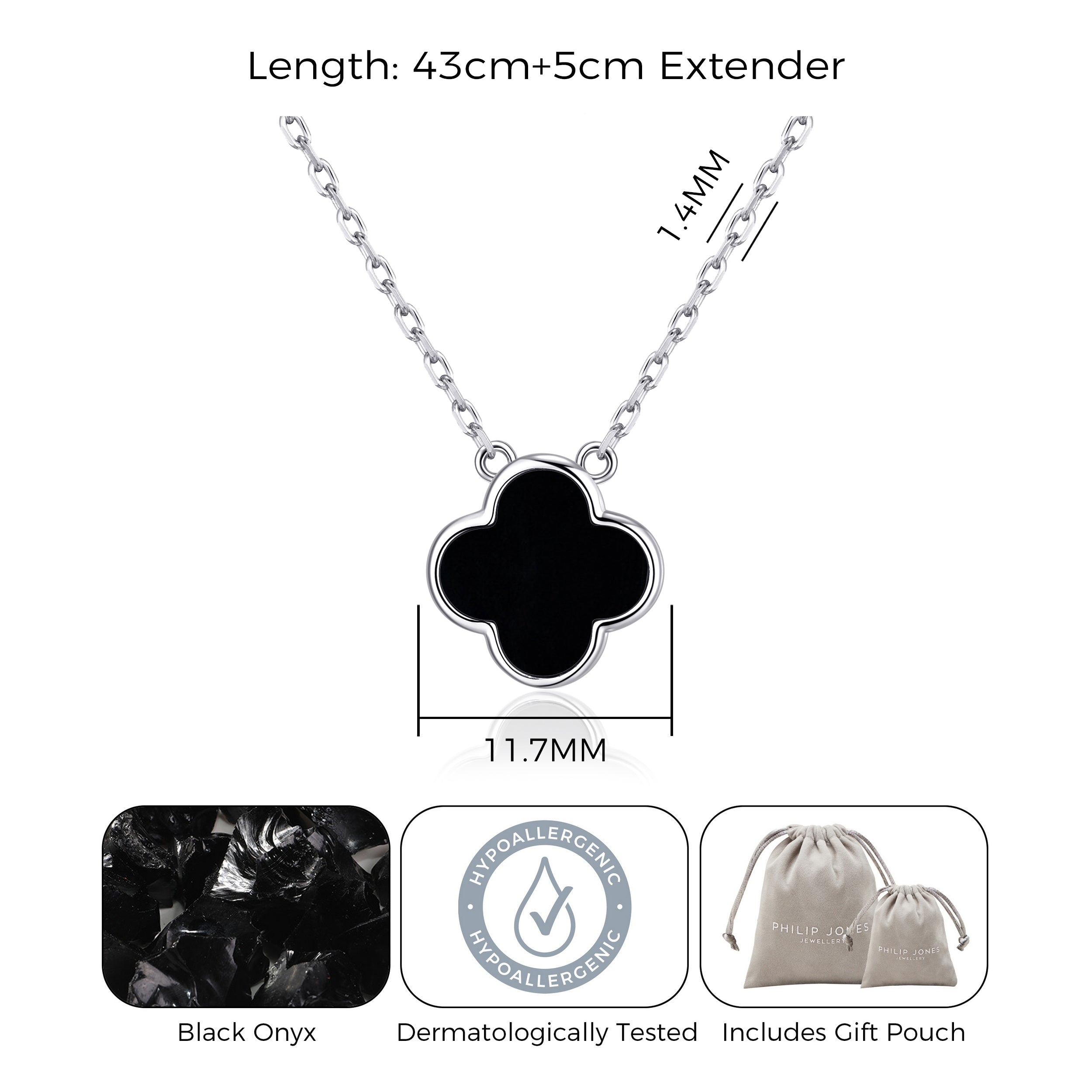 Black Onyx Gemstone Clover Necklace