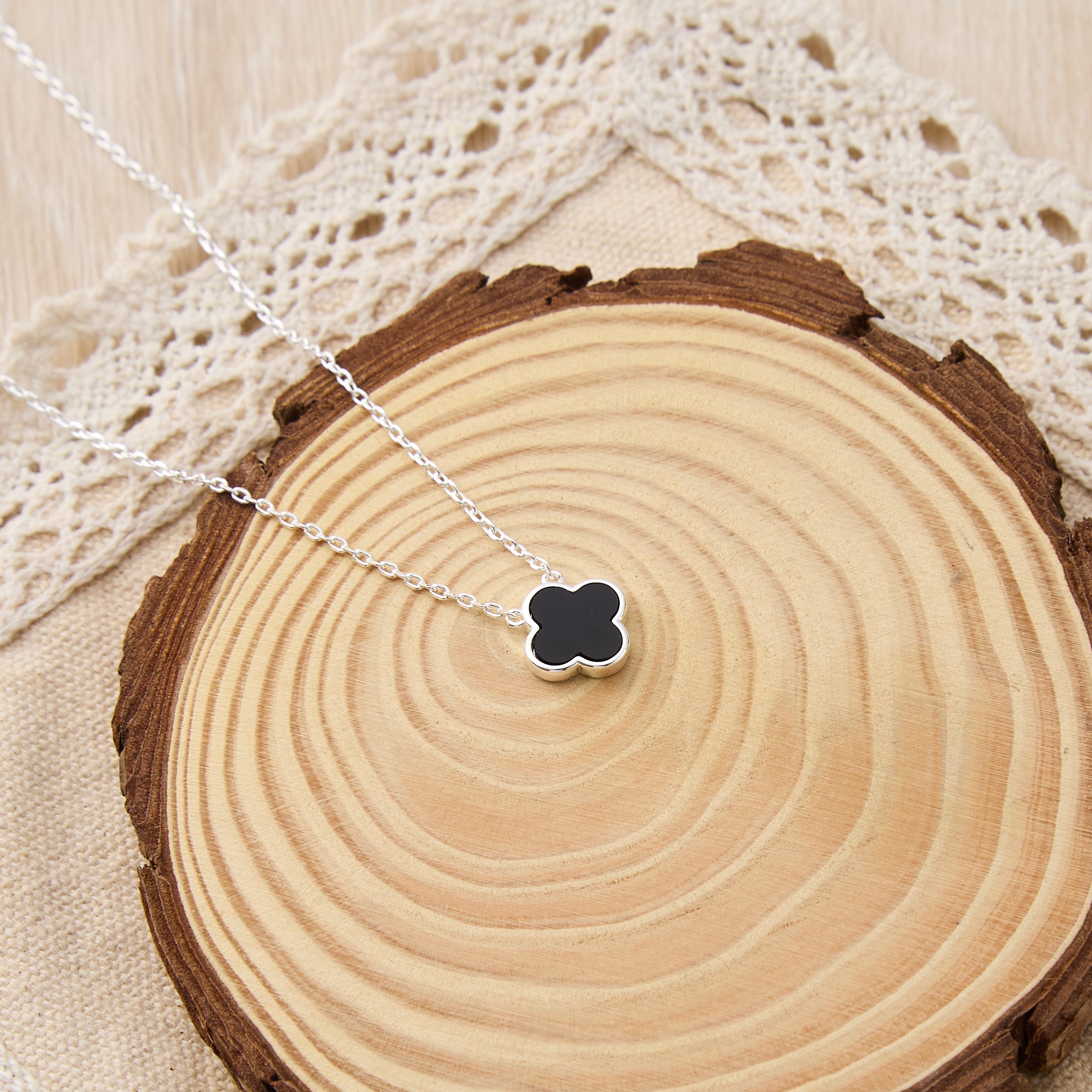 Black Onyx Gemstone Clover Necklace