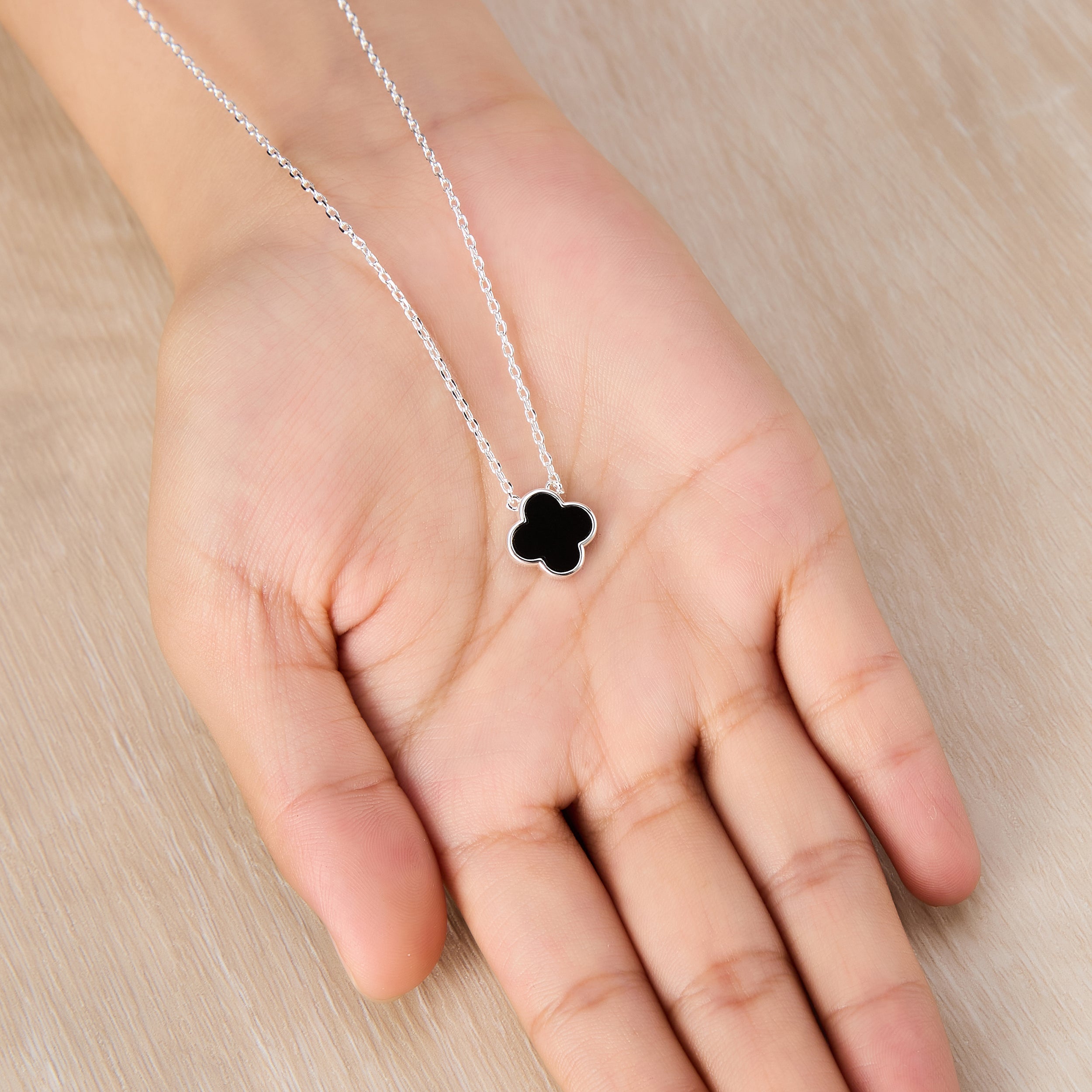 Black Onyx Gemstone Clover Necklace