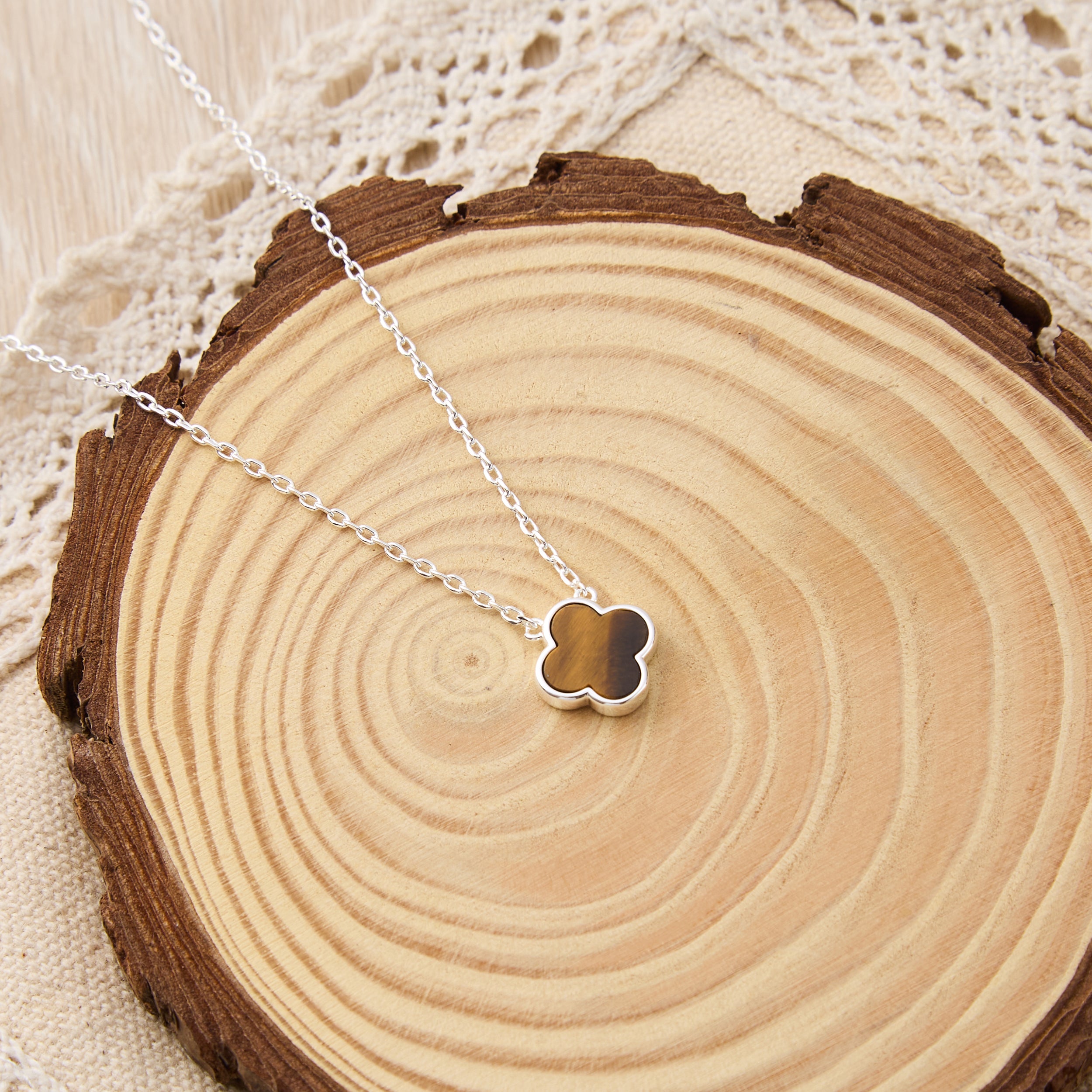 Tigers Eye Gemstone Clover Necklace