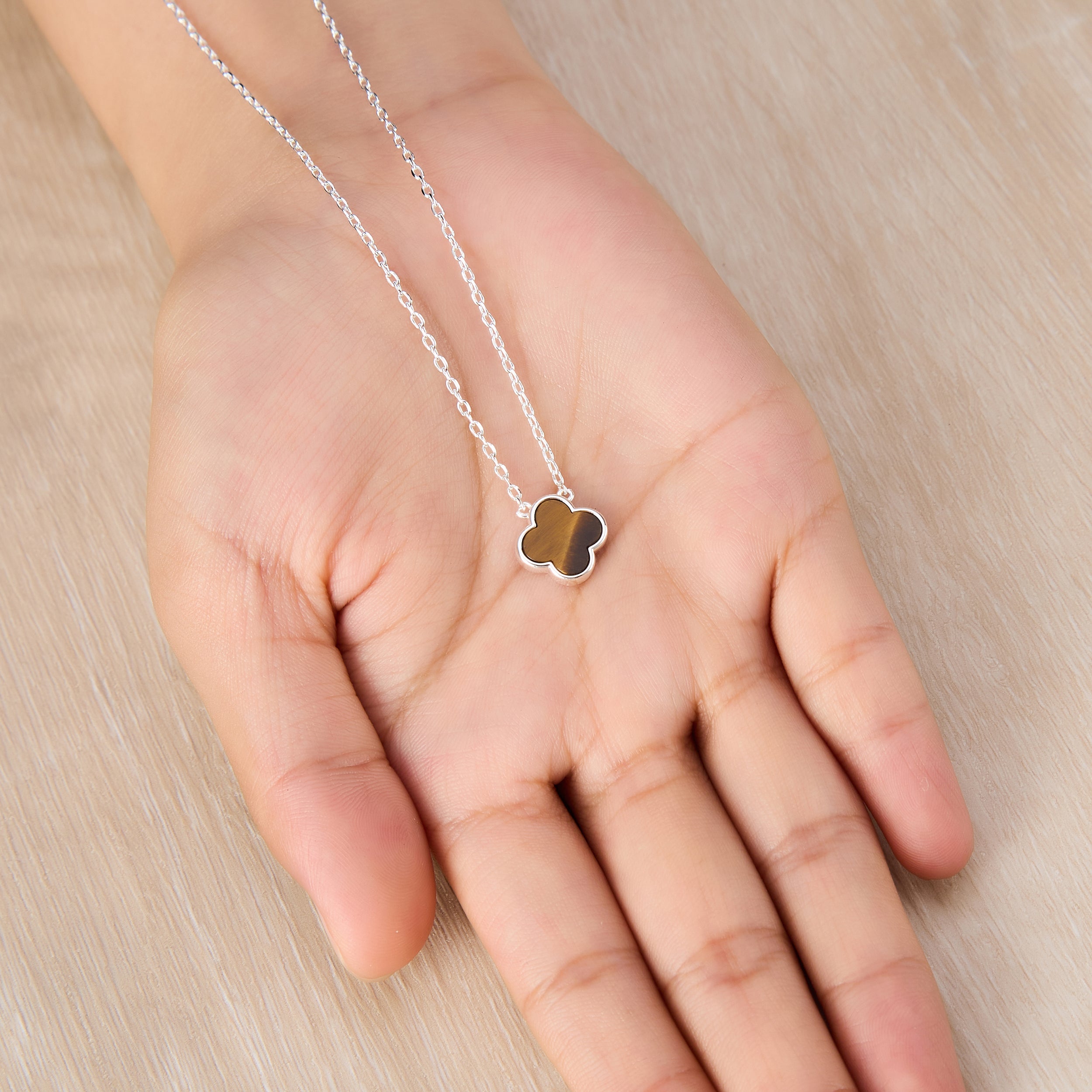 Tigers Eye Gemstone Clover Necklace