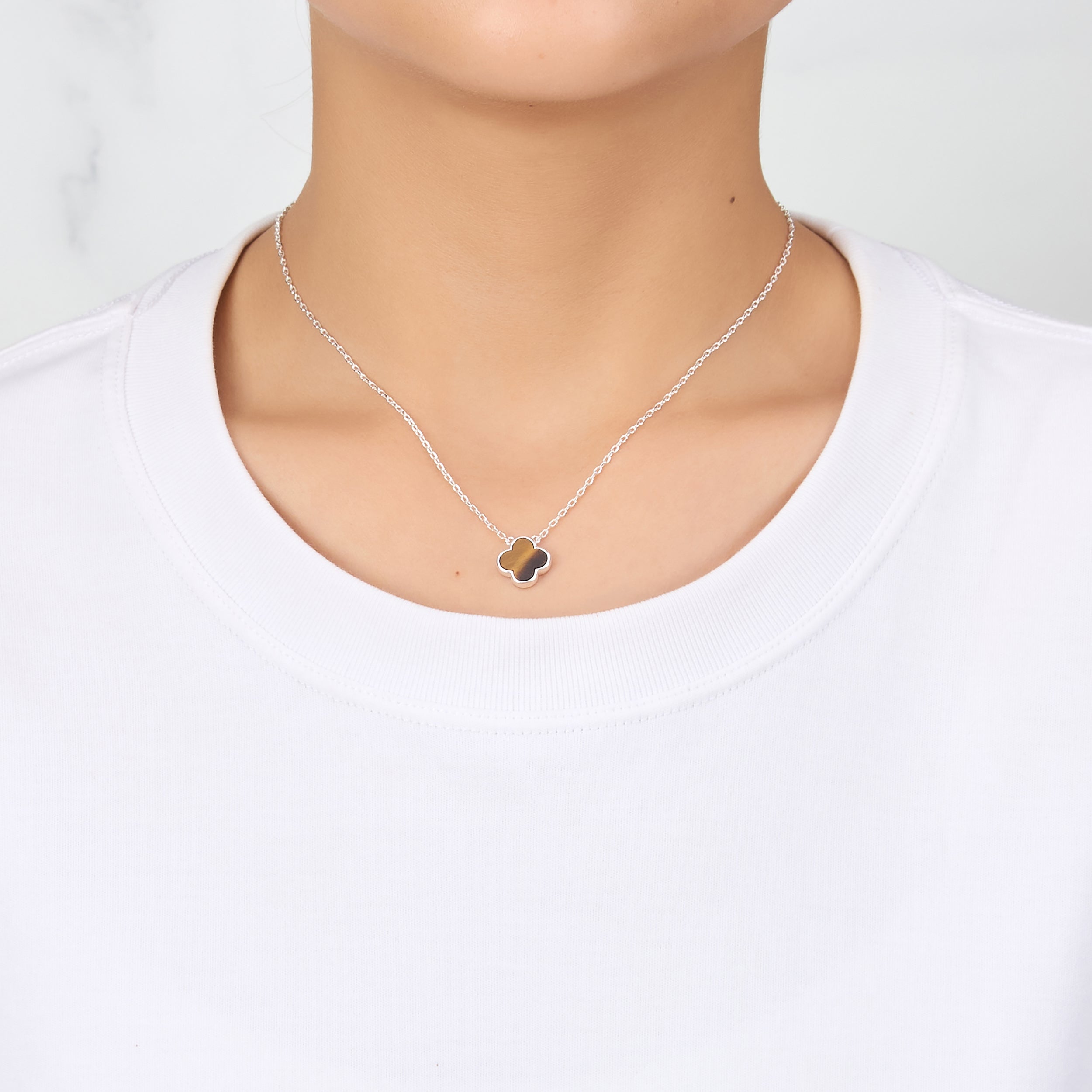 Tigers Eye Gemstone Clover Necklace