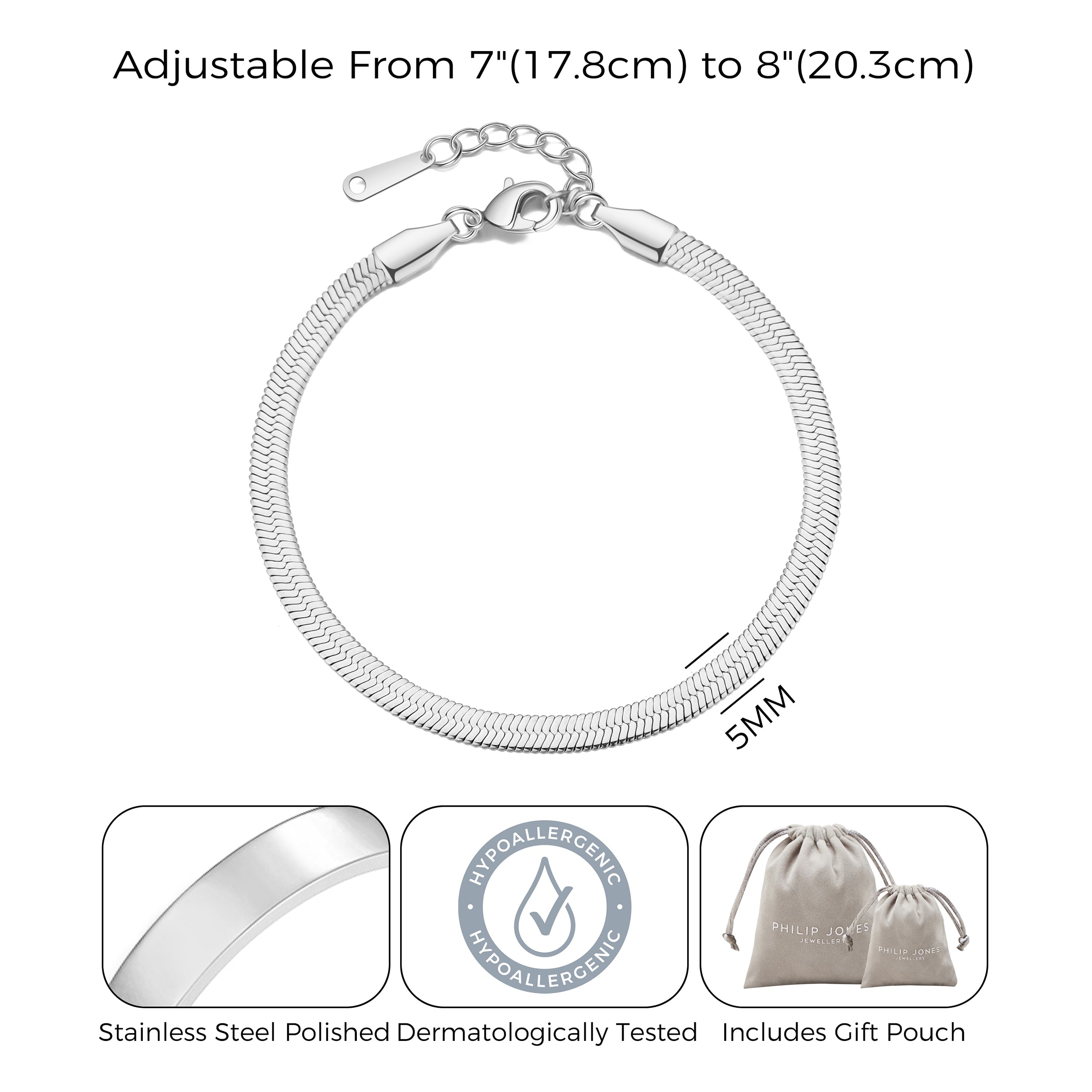 Stainless Steel Herringbone Flat Snake Chain Bracelet