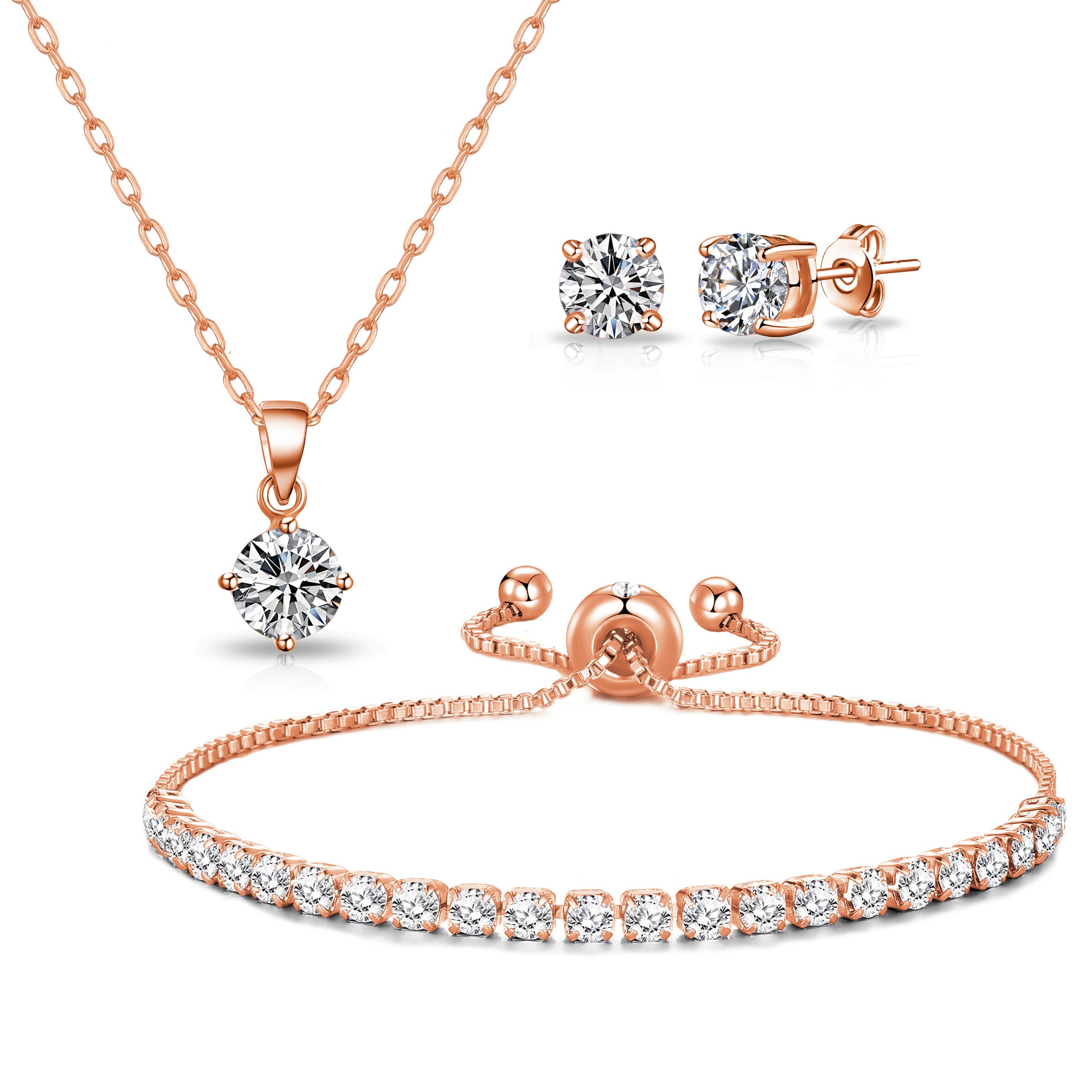 Rose Gold Plated Solitaire Friendship Set Created with Zircondia® Crystals by Philip Jones Jewellery
