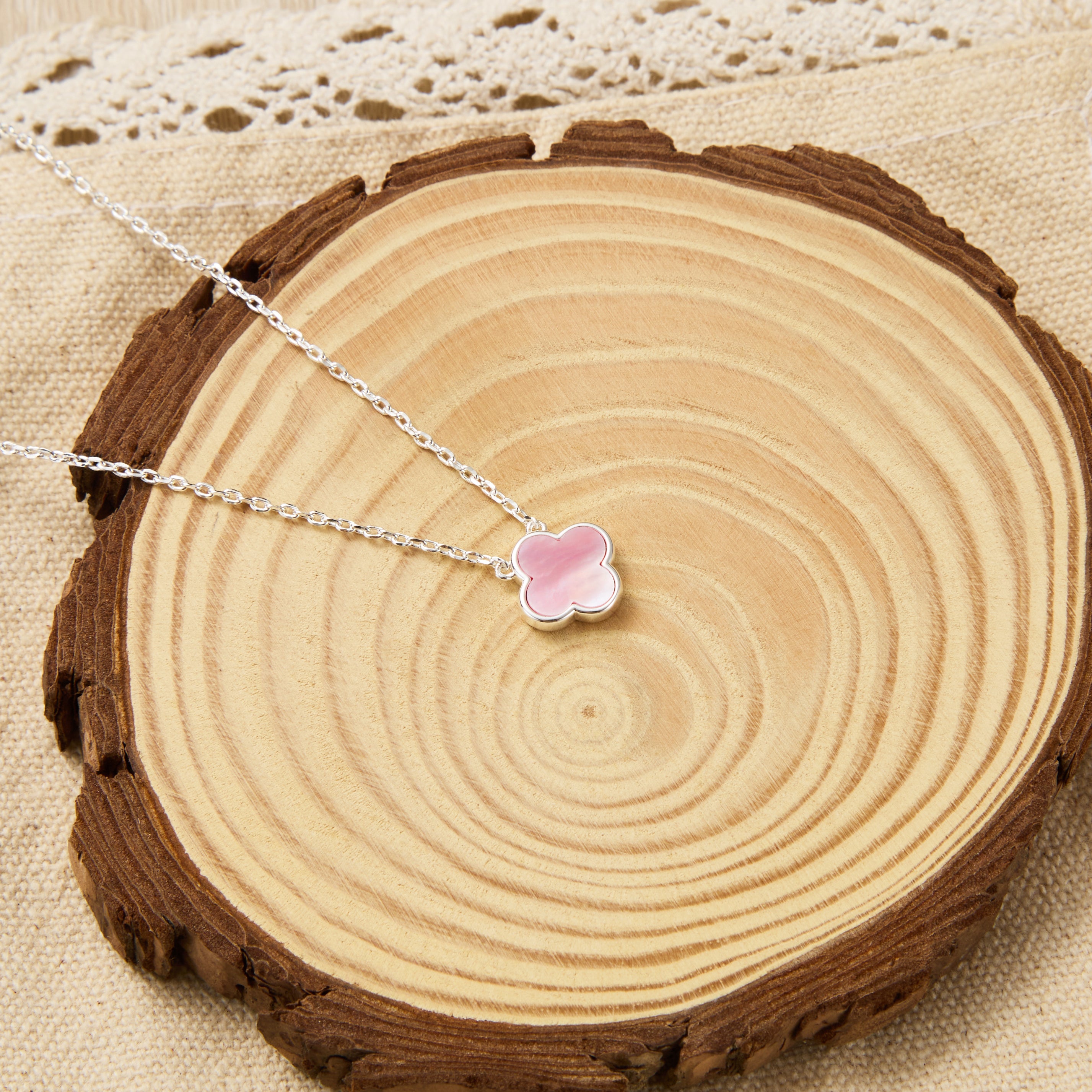 Pink Mother of Pearl Gemstone Clover Necklace