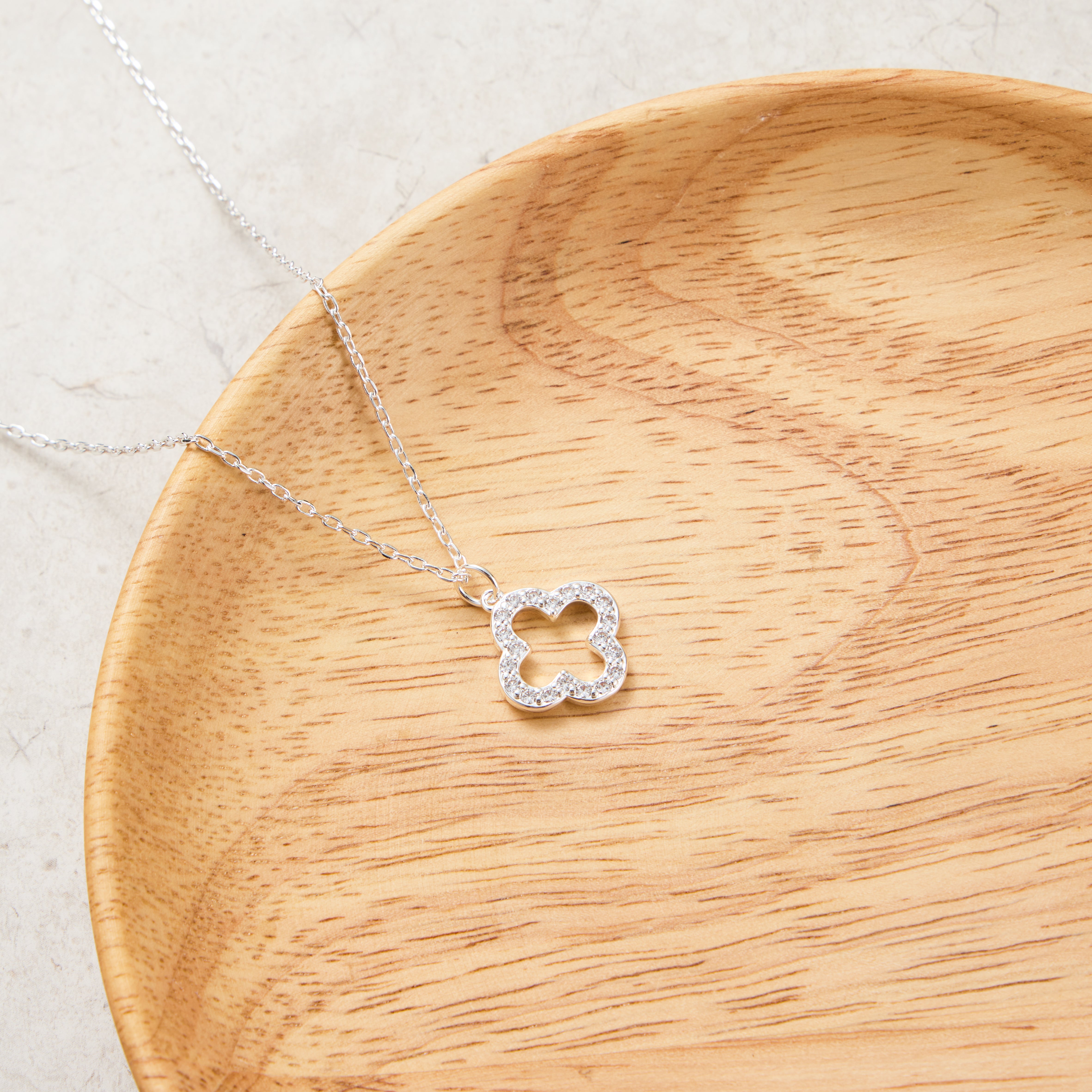 Silver Plated Clover Necklace Created with Zircondia® Crystals