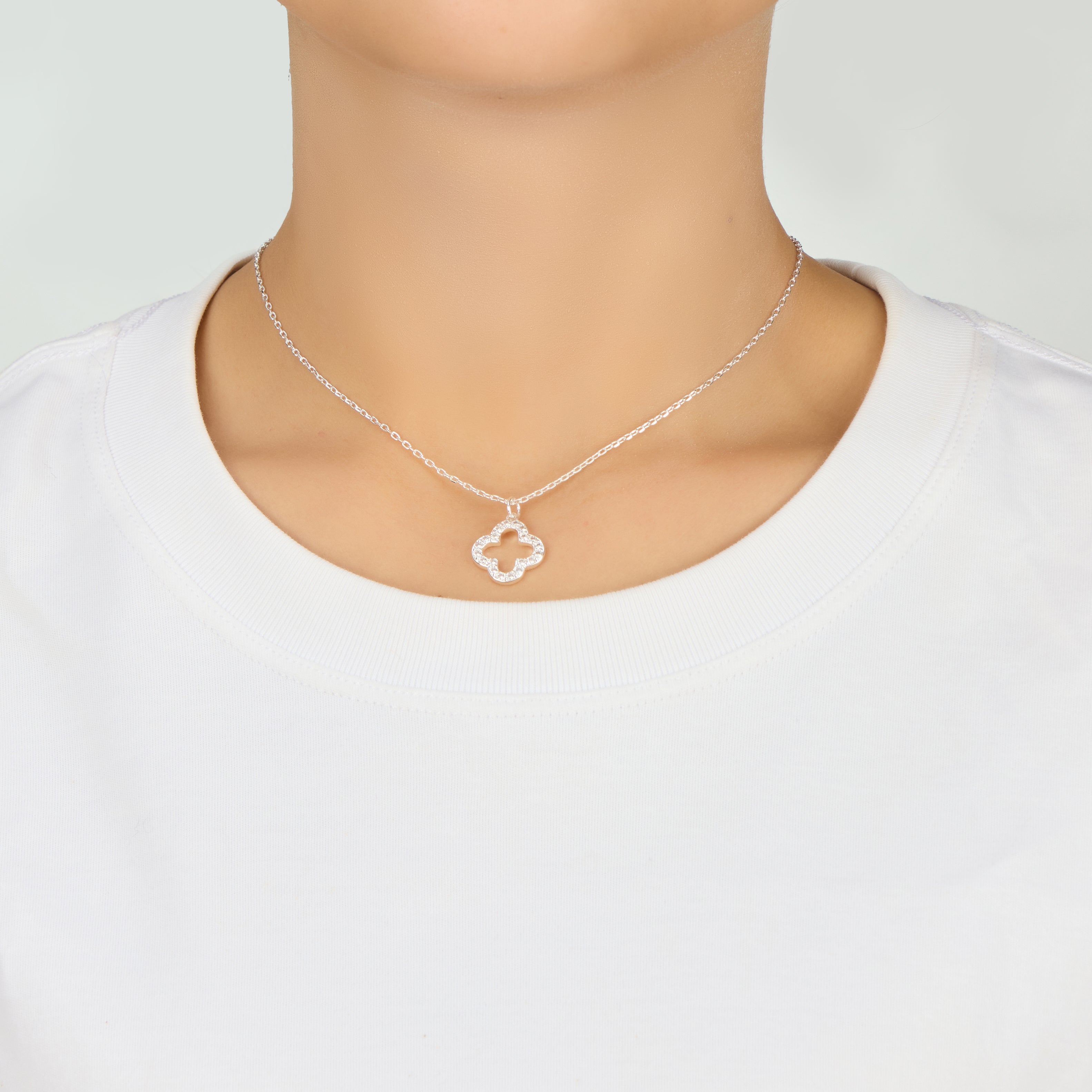 Silver Plated Clover Necklace Created with Zircondia® Crystals